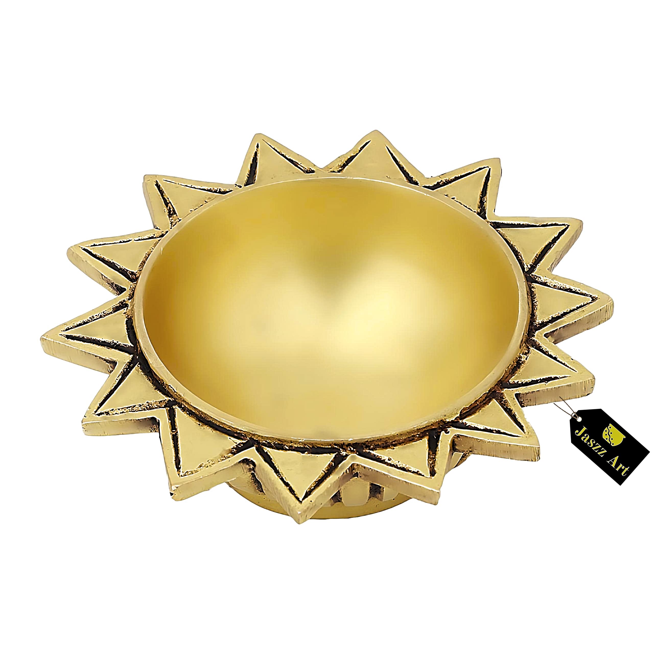 Jaszz Art Brass Sun Diya (4 inches and 2.1 Kg) Small Ethnic Design Handmade Curved Oil Wick Antique Kuber Deepak Lamp for Home D