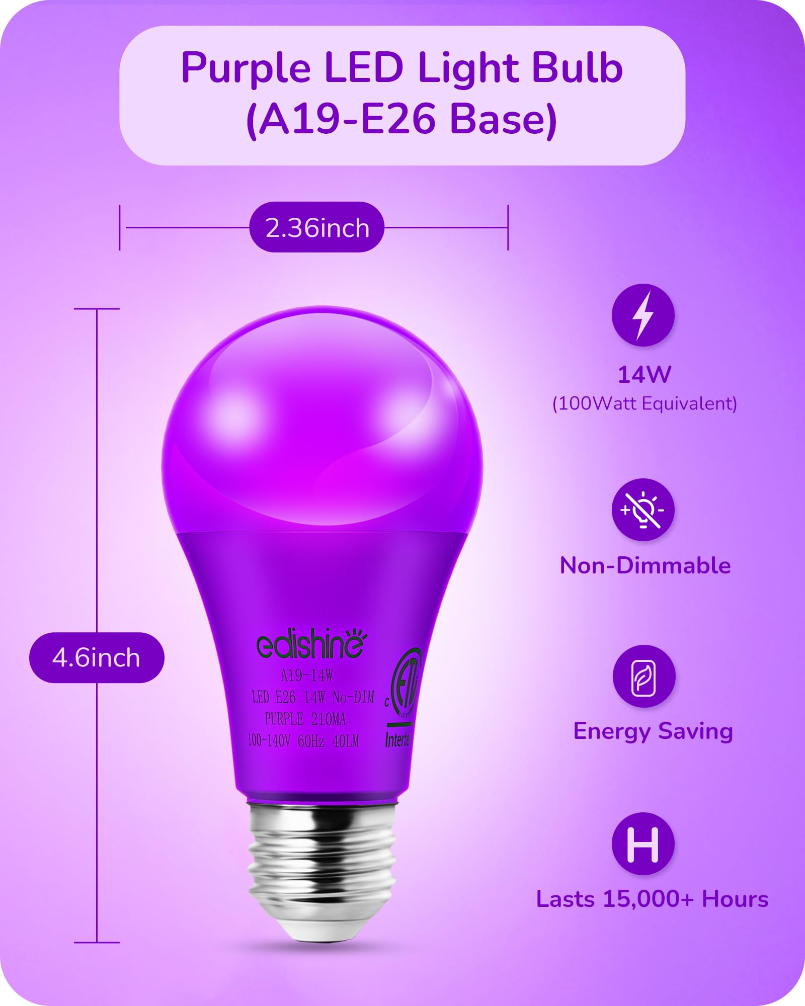EDISHINE Purple LED Light Bulbs, 14W Purple Bulb Equivalent 100W Colored Light Bulb, E26 Base A19 Light Bulbs for Christmas Deco