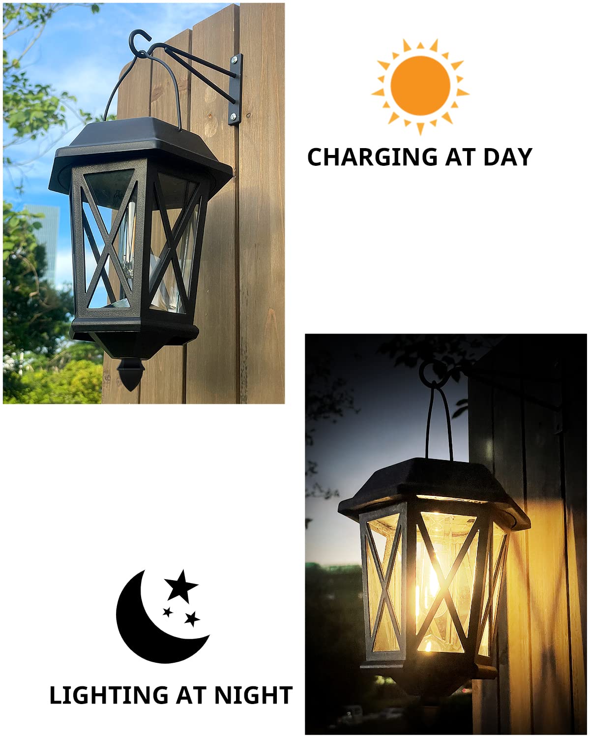 Teklaps Solar Lanterns - Waterproof Metal Hanging Lights, Led, Black, 2 Pack, Model Zz-24A, Ideal For Yard & Garden