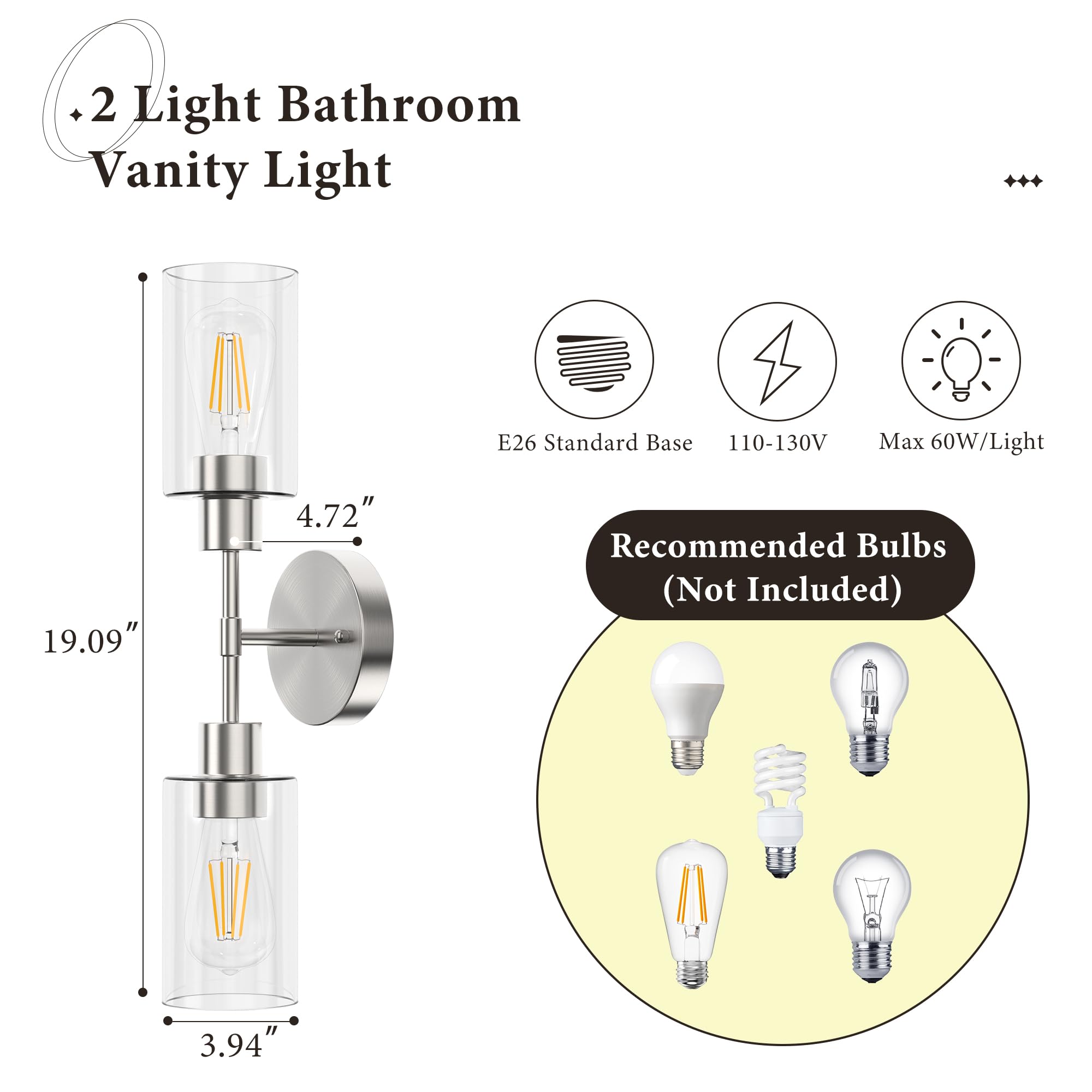 Espird Bathroom Light Fixtures 2 Light Brushed Nickle  Bathroom Vanity Lights Over Mirror  Bathroom Sconces Wall Lighting Farmhouse Vanity Light  Modern Vanity Lights With Clear Shades
