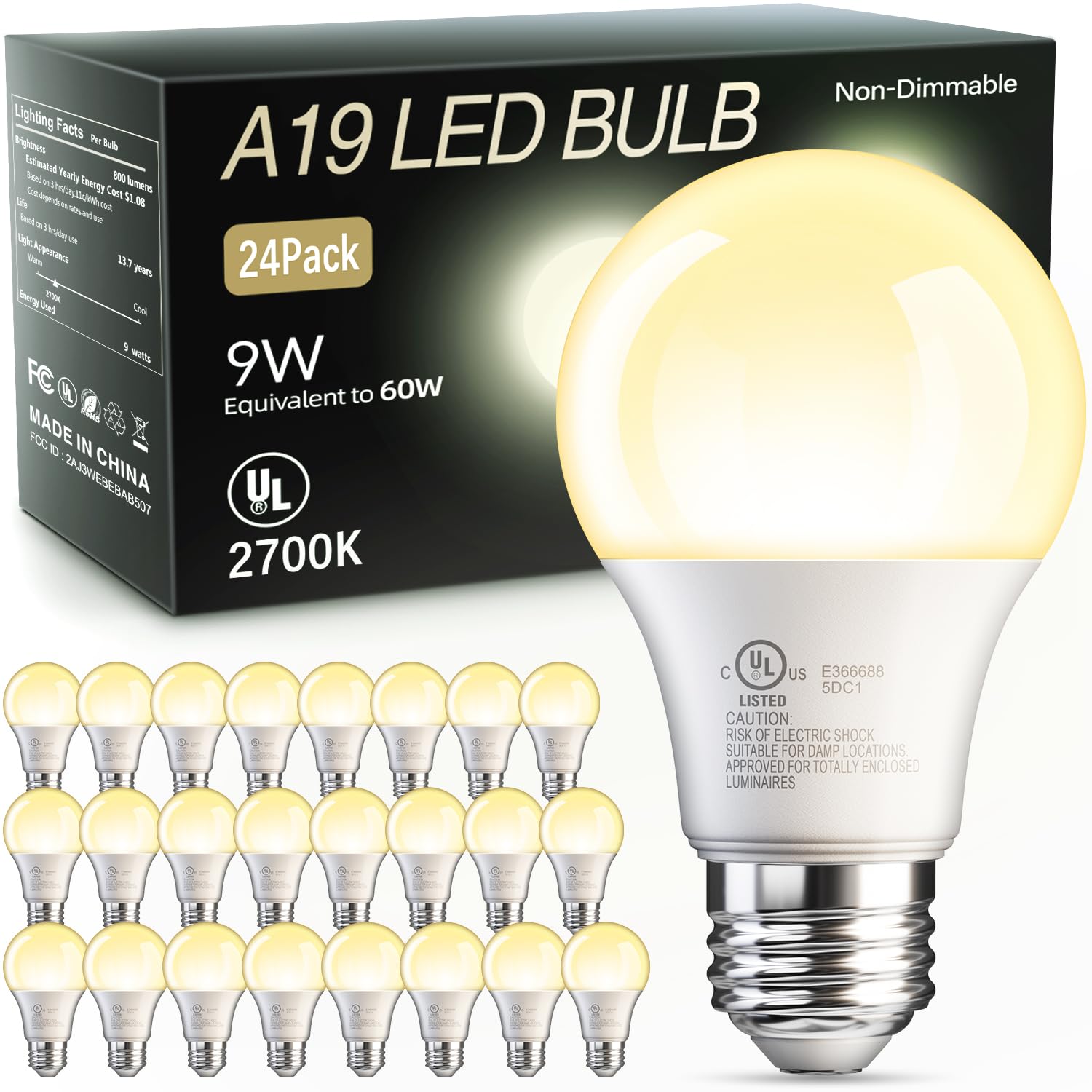 TJOY 24 Pack A19 LED Light Bulbs Soft Warm White 2700K, 60 Watt Equivalent, Efficient 9W, E26 Standard Base, Non Dimmable Energy Saving Warm Light Lamp Bulb, 800LM 120V, for Home, Bedroom, Living Room