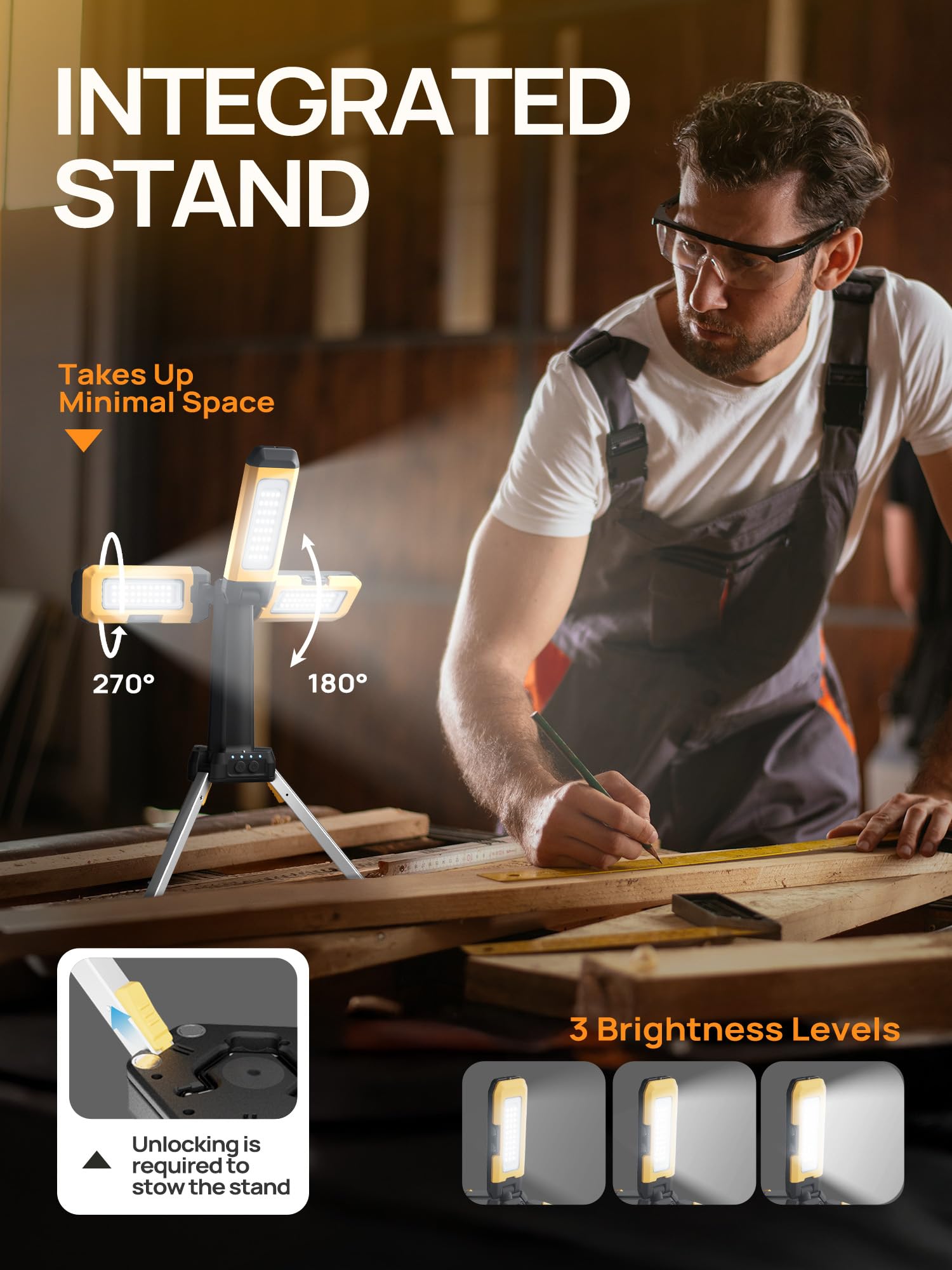mlogiroa Rechargeable Camping Light with Stand, 10000mAh, 67in Yellow, Model HW0033-Y, Cordless LED Work Light, 2 Detachable Lamp Panels