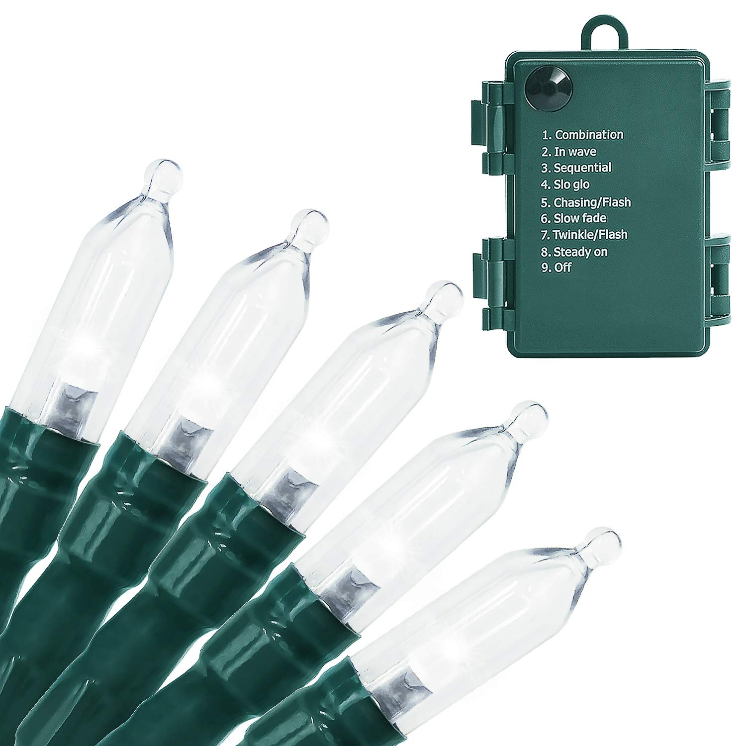 LOENDE Christmas Lights 50-Count LED String Lights, 8 Modes, Battery Operated, Waterproof, Green Wire, White, 1 Pack