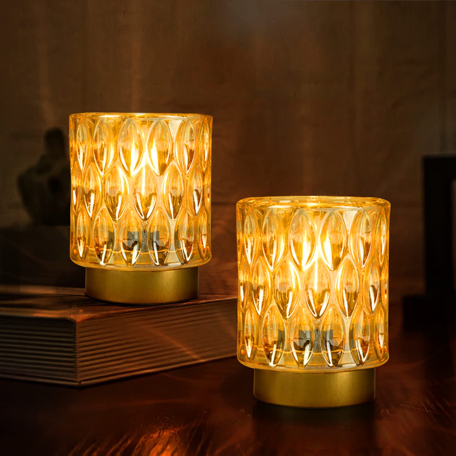 MJ PREMIER Battery Operated Table Lamps, Cordless Mini Crystal Lamp, 2 Packs, Amber, LED Bulb for Home Decor