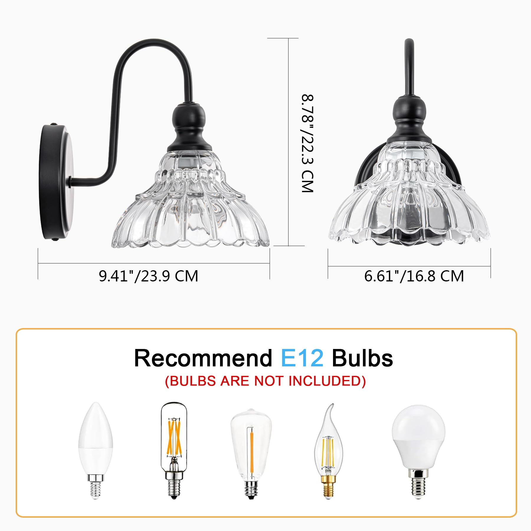 BrkNit 1-Light Black Wall Sconce - Vintage Bathroom Light Fixture with Flower Glass Shade, Stainless Steel, Model J0063-4