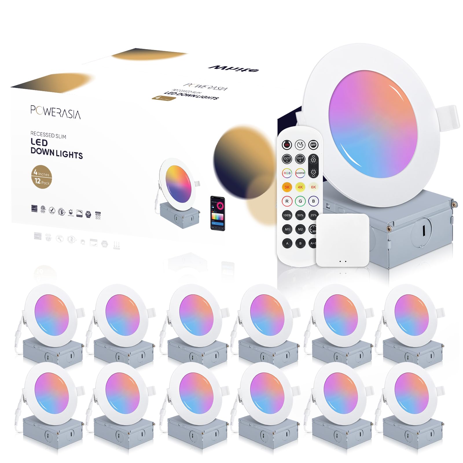 POWERASIA Smart Recessed Lighting, 12 Pack, 9W 700LM, Ultra-Thin, 4 Inch, RGB, Aluminum, ETL & Energy Star Certified