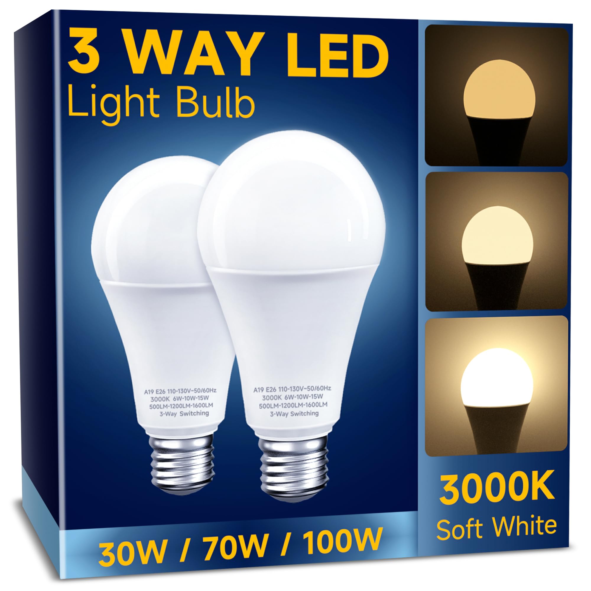 Unilamp 3 Way Led Light Bulbs, Dimmable A19, E26 Base, Warm White 3000K, 30/70/100W Equivalent, 2 Pack For Bedroom, Kitchen, Liv