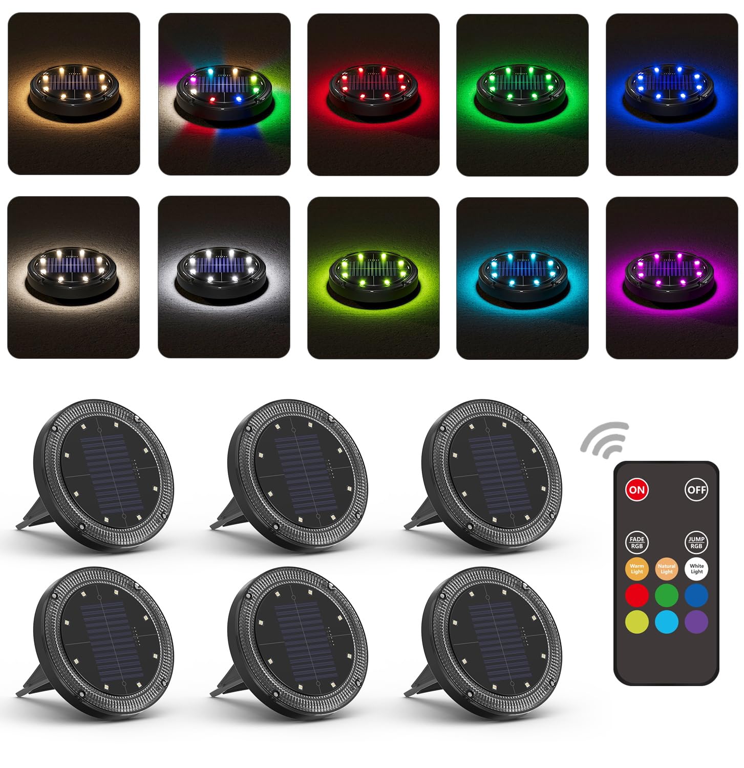VIODAIM Solar Ground Lights - Color Changing, Waterproof, Remote Control, 6 Pack, Black, Model SN00137