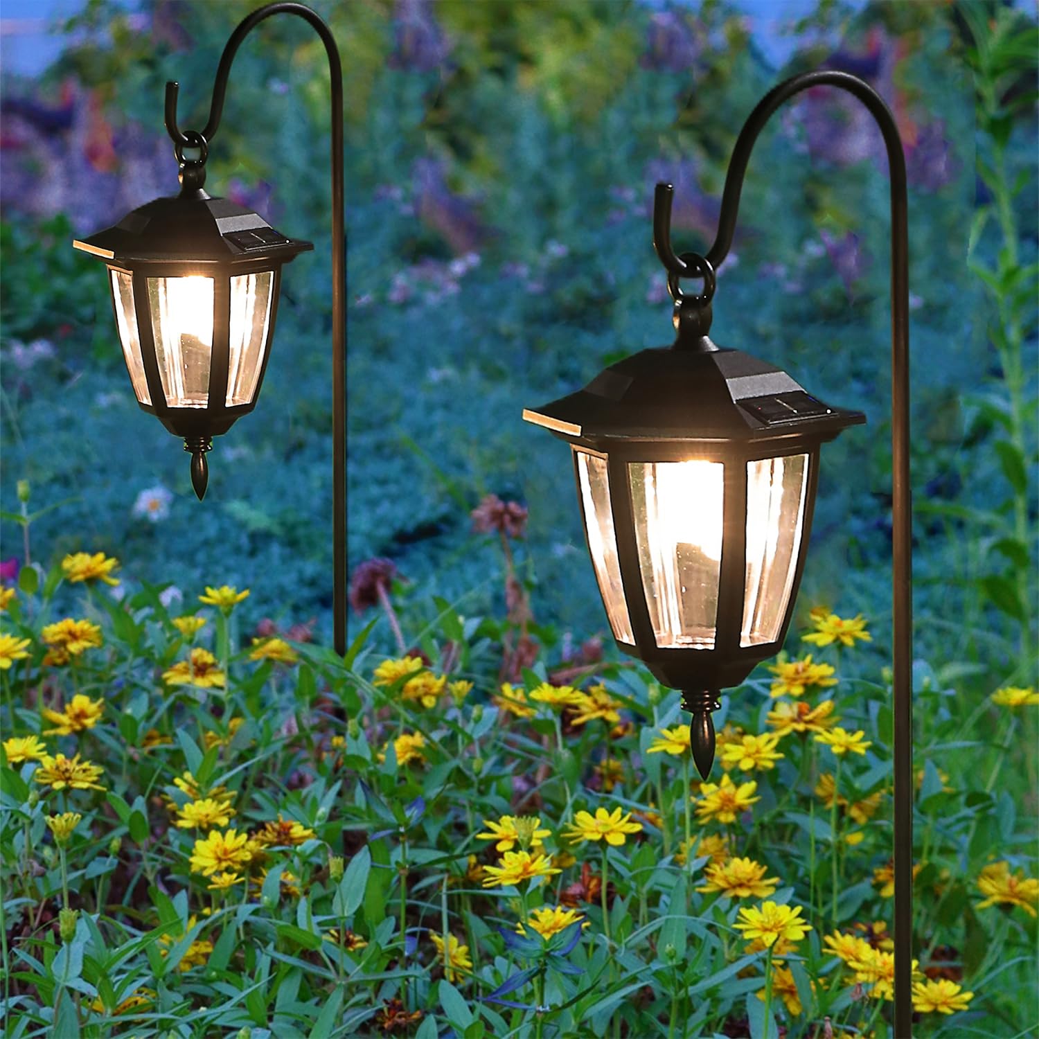 Dynaming 6 Pack Solar Hanging Lights - Waterproof Garden Lanterns with Shepherd Hooks, Warm White for Lawn, Patio, Yard, Driveway