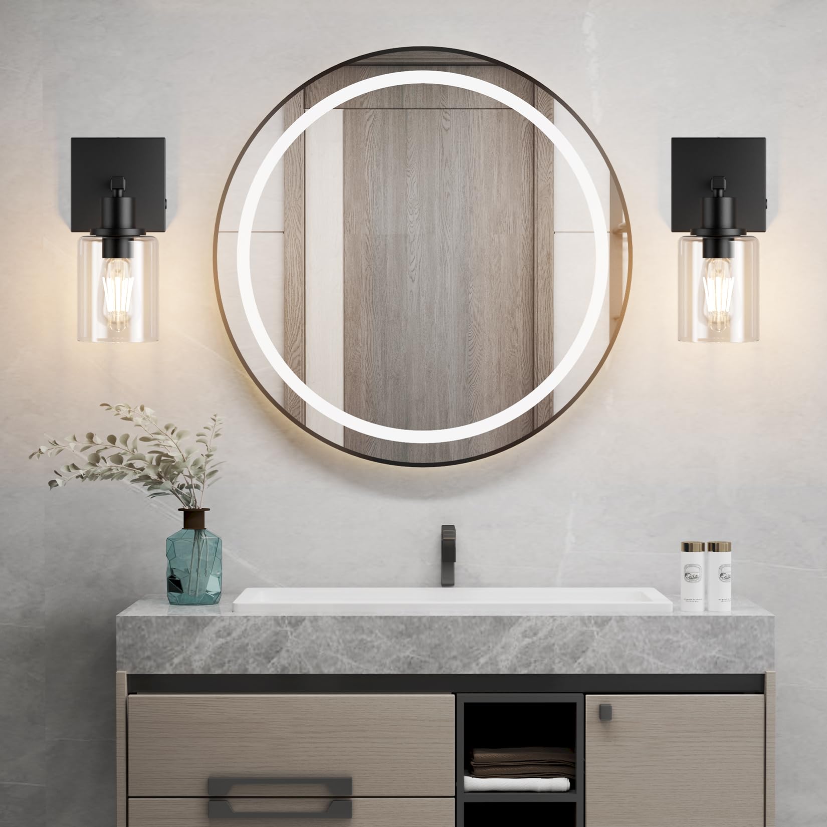 Coinmit Battery Operated Wall Sconce Set of 2, Wireless Glass Lampshade, Dimmable, Rechargeable, Black, Model HW808