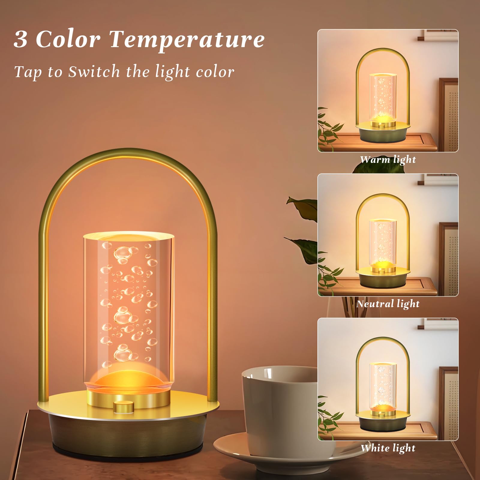 AOTEAM Portable Cordless Table Lamp - Dimmable Touch, Small Aluminum, Gold with Bubble, Model A-1, Rechargeable Battery for Indoor/Outdoor Use