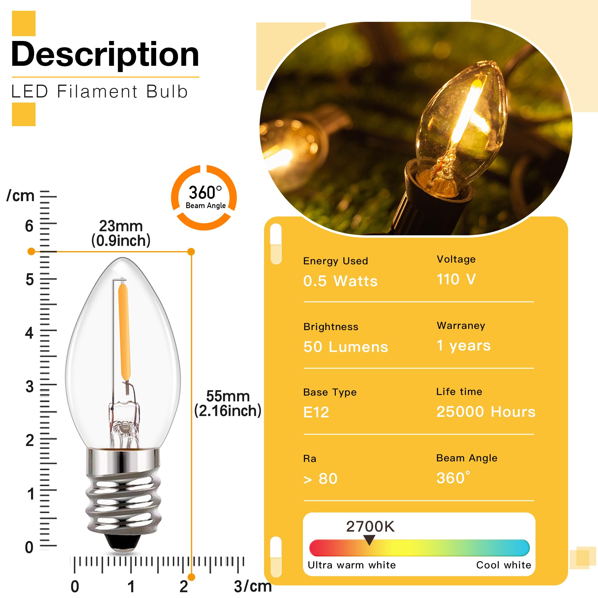 C7 Led Bulbs,0.5 Watts Filament Night Light Bulb Edison Style Sign Light E12 Candelabra Base Lamp Clear Glass 4W 5W 6W 7 Watts E