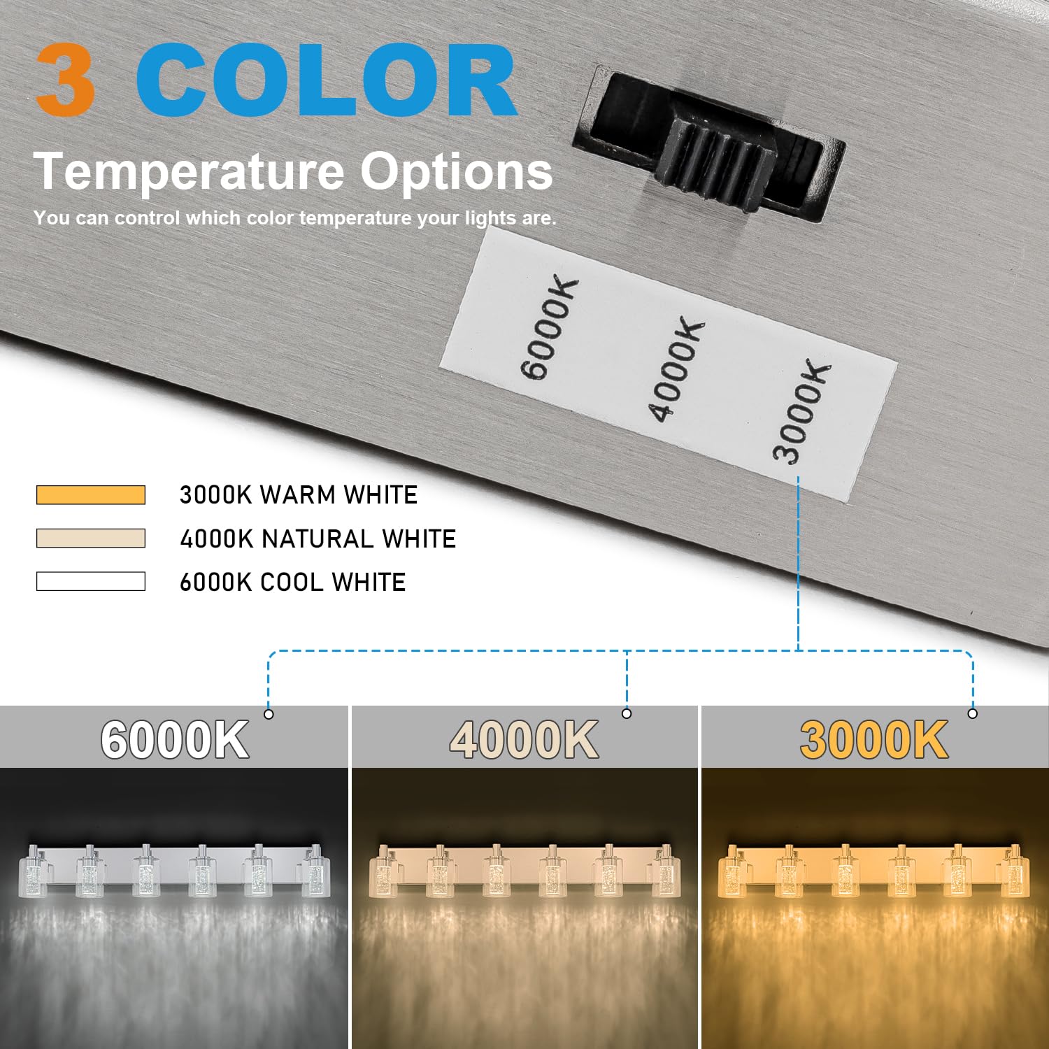 SineRise Vanity Light, Dimmable 6-Light LED Bathroom Fixture, Eye Protection, Chrome, 3 Color Modes (3000K/4000K/6000K), Model S002