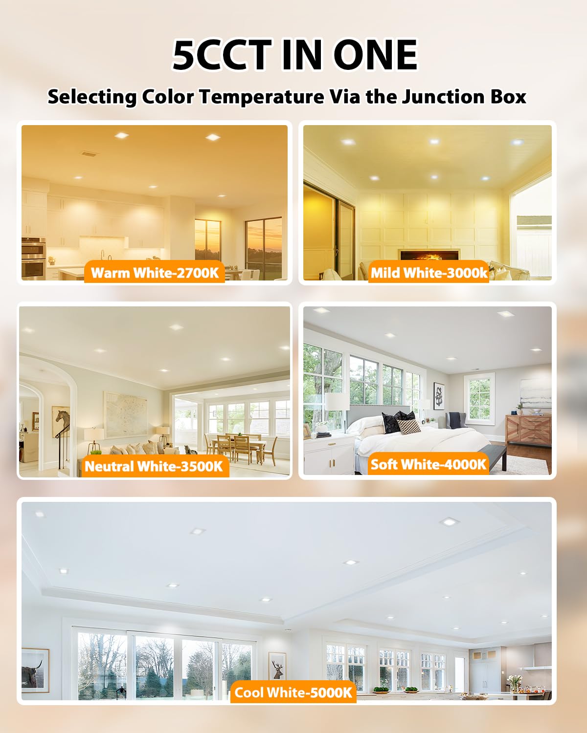 Adetu 12 Pack 6 Inch Square Led Recessed Lighting  5Cct Ultra Thin Square Led Ceiling Light With Junction Box  14W 1190Lm  Cri90  2700K-5000K Selectable Dimmable Canless Downlight  Etl And Energy Star