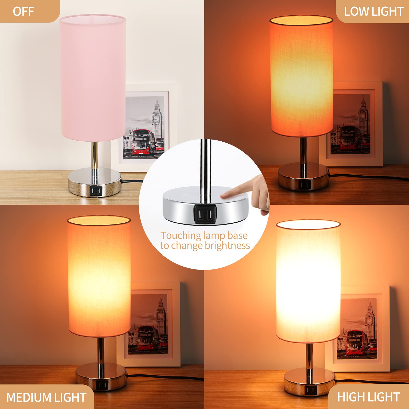 Yarra-Decor Bedside Lamp With Usb Port - Touch Control Table Lamp For Bedroom 3 Way Dimmable Nightstand Lamp With Round Pink Fabric Shade For Living Room, Dorm, Home Office (Led Bulb Included)