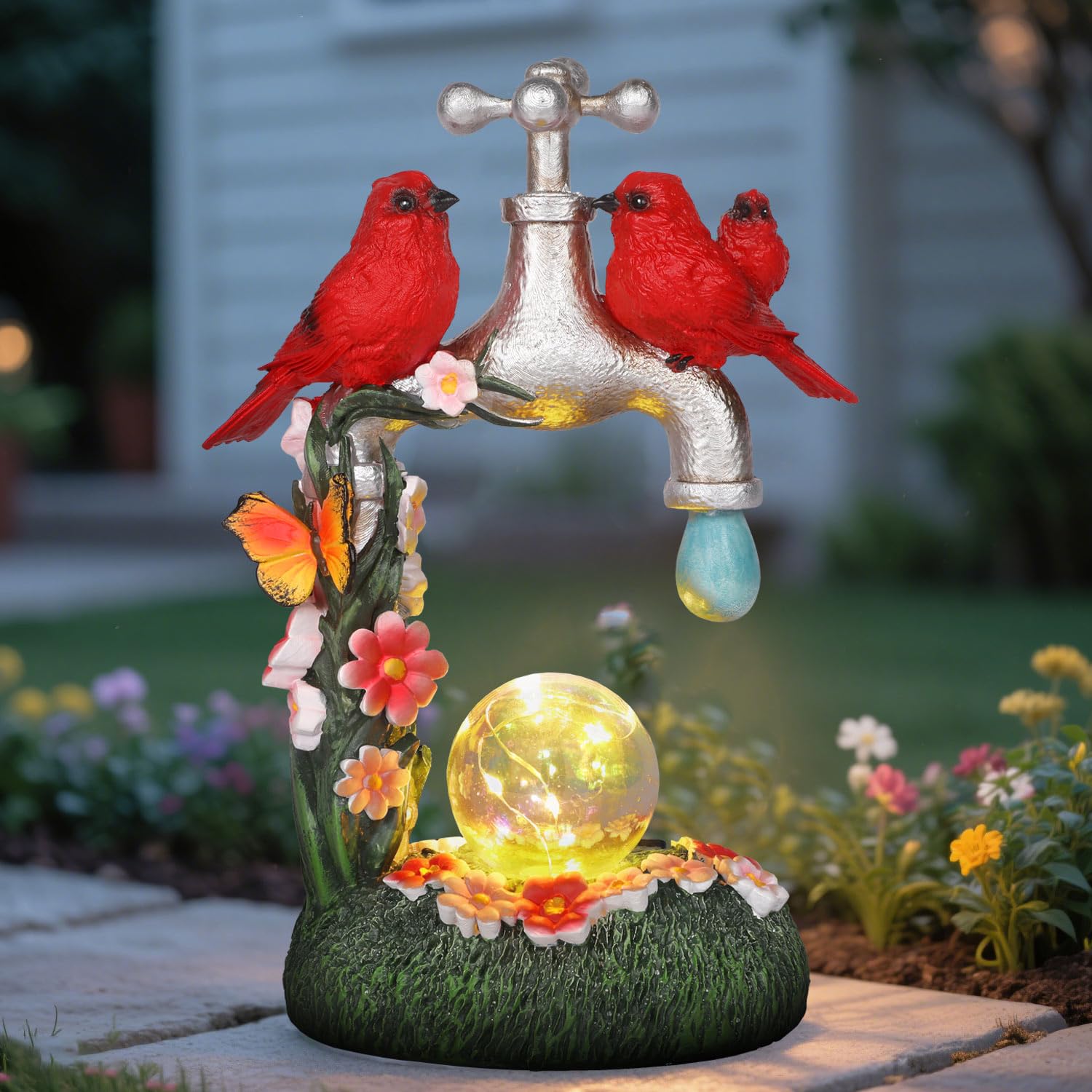 Red Cardinal Bird Statue with LED Ball Light 8.6Resin Caidinal Figurine Outdoor Waterproof Solar Statues for Yard and Garden Uni