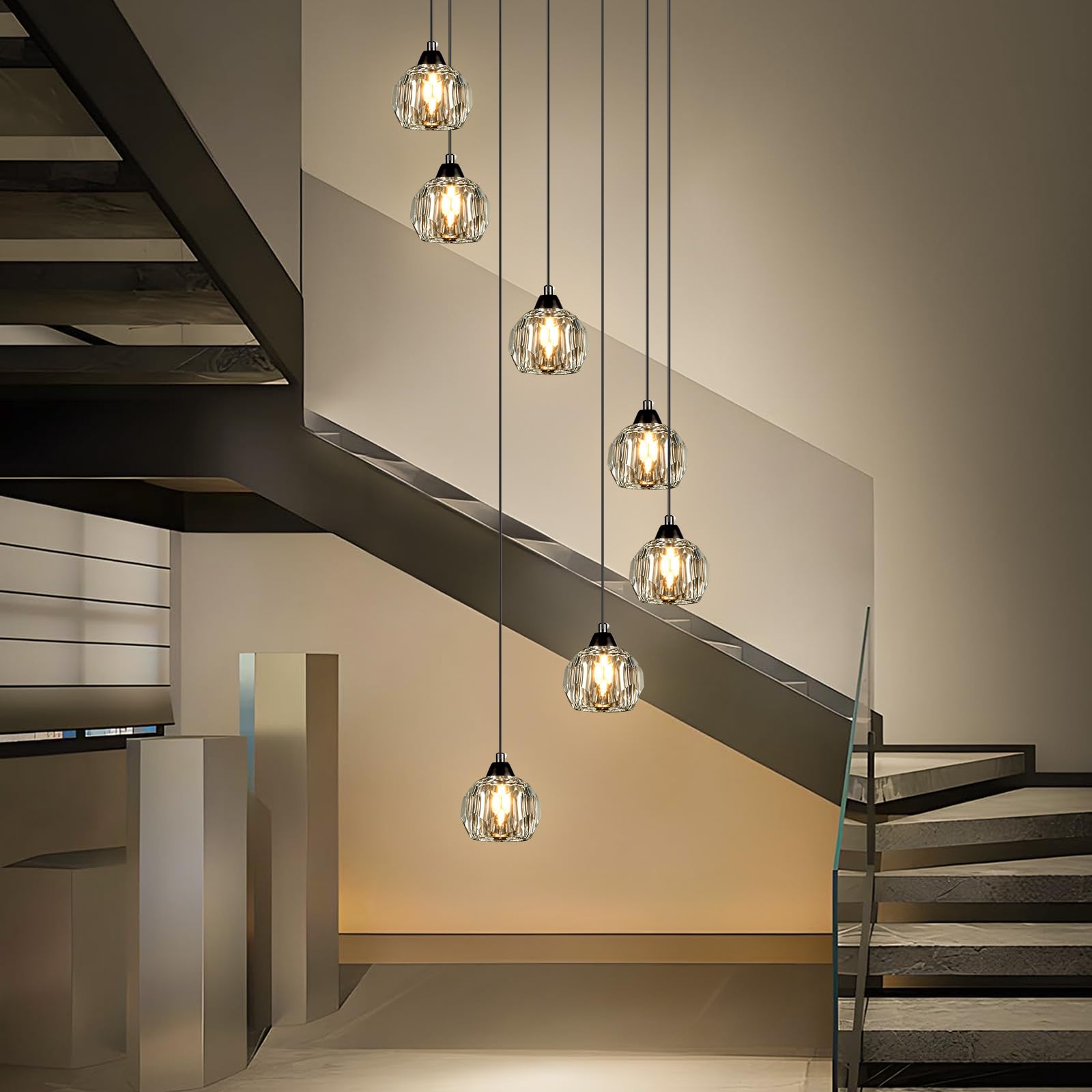 Weesalife 7-Light Black Crystal Chandelier for High Ceilings - Modern Pendant Light Fixture for Living Room, Kitchen, Foyer