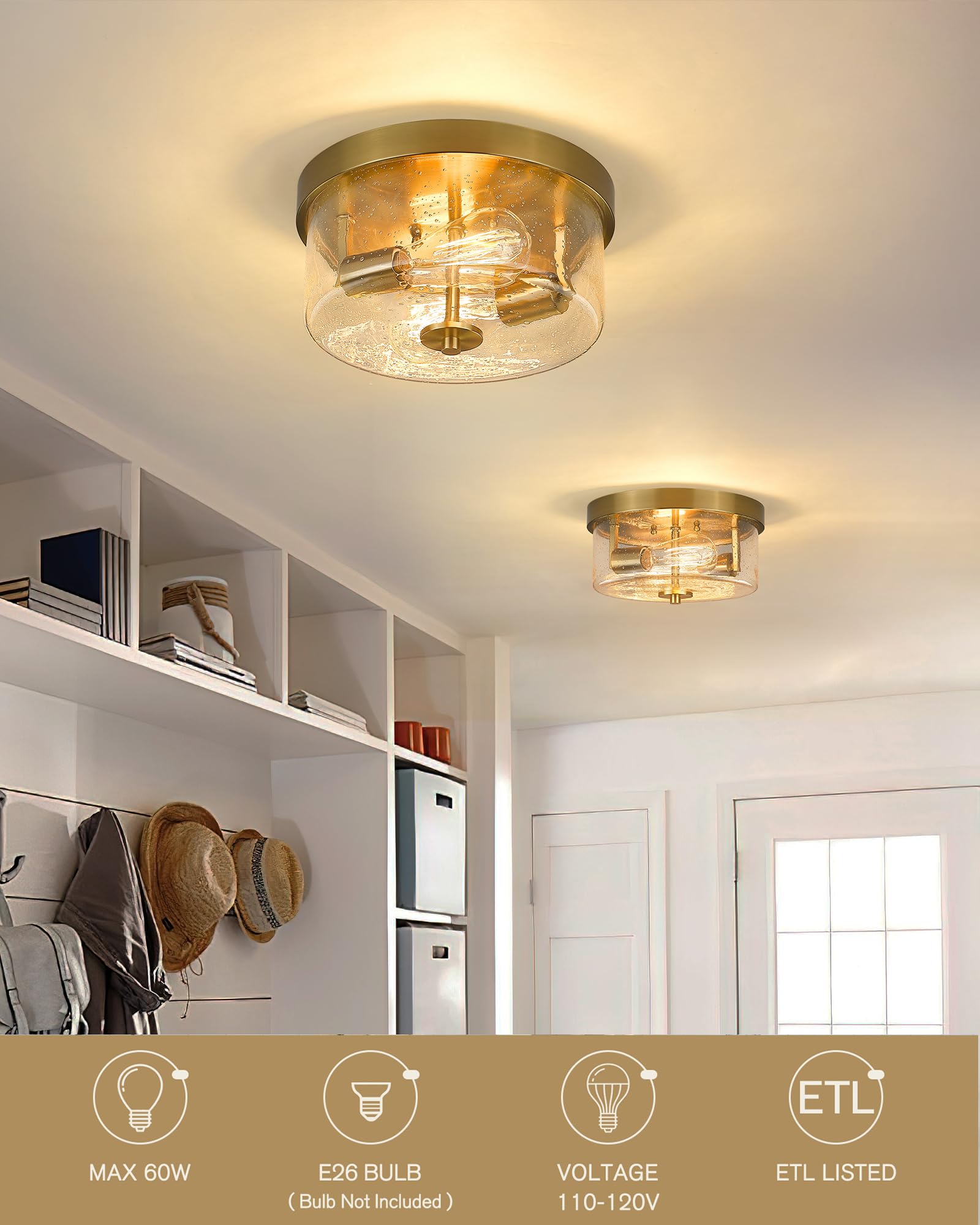 Emak Brushed Gold Flush Mount Ceiling Light, 2 Light Fixture With Seeded Glass Shades, 11&quot;