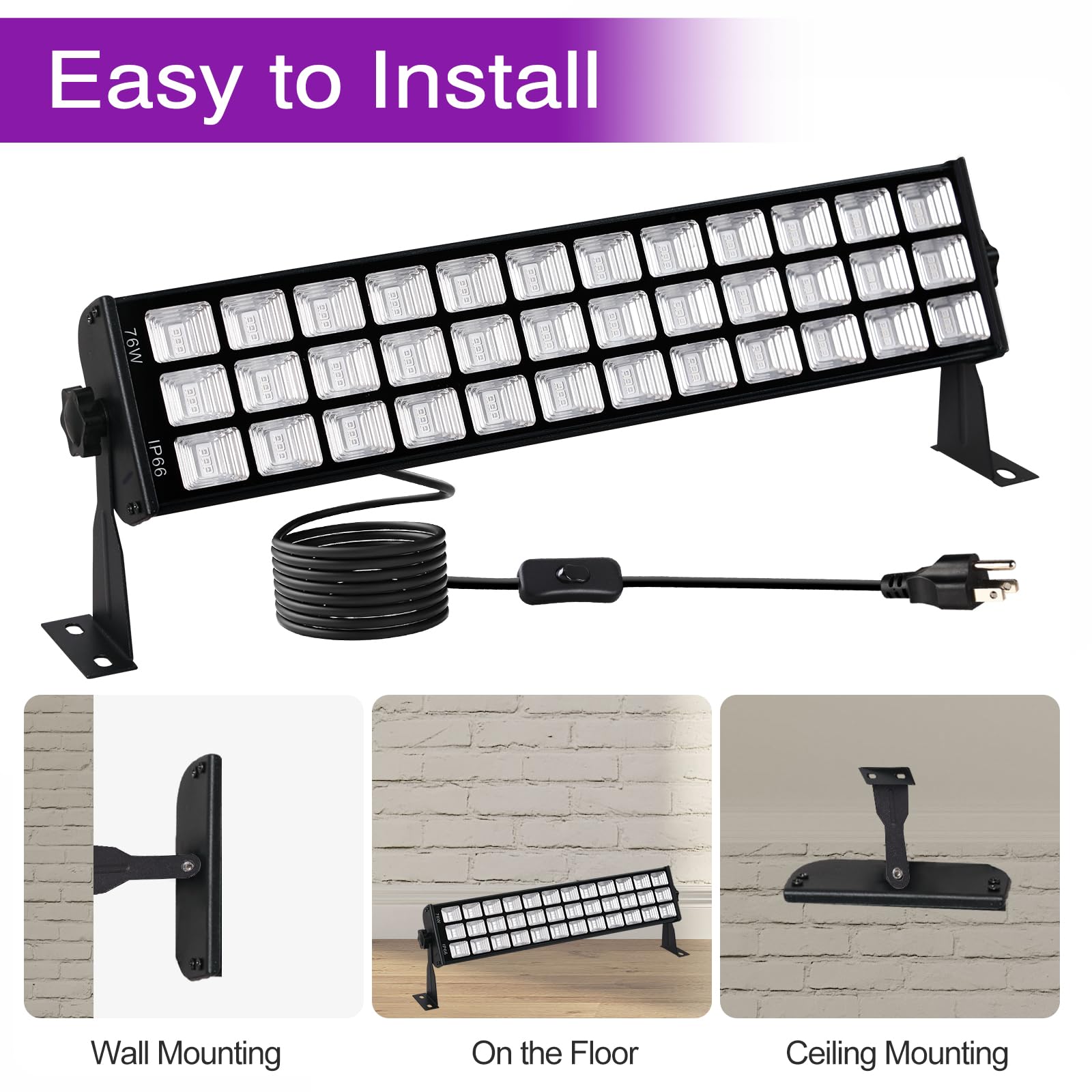 PIZHLO 76W Black Light Bar - 108 LEDs, IP66 Waterproof, Purple, 5ft Cord, Perfect for Glow Parties, Body discomfort-reducingt, Bedroom, Halloween