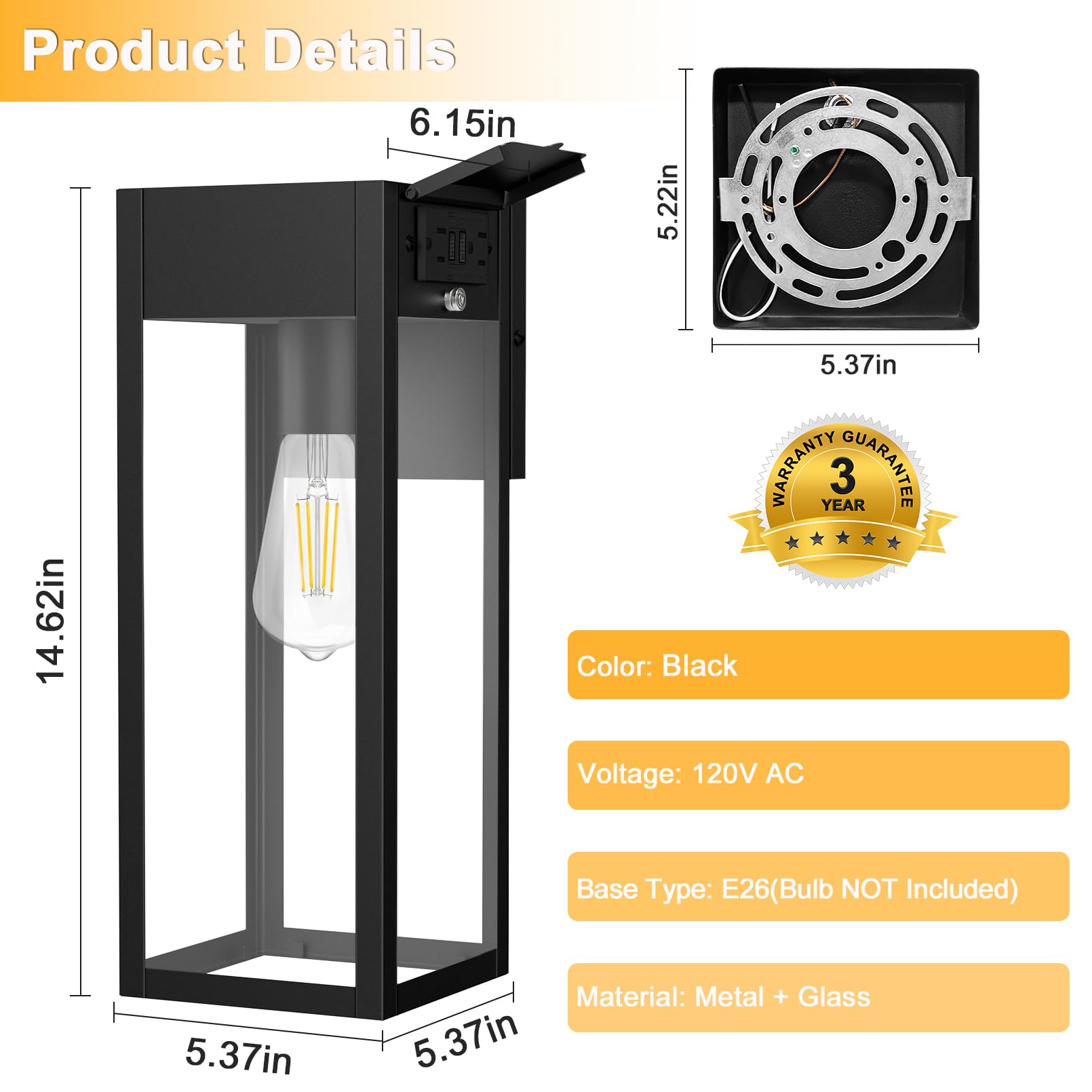 Oykyohei Large Porch Light With Gfci Outlet, 15 Inch Outdoor Light With Outlet Built-In, Waterproof Exterior Light Fixtures Wall