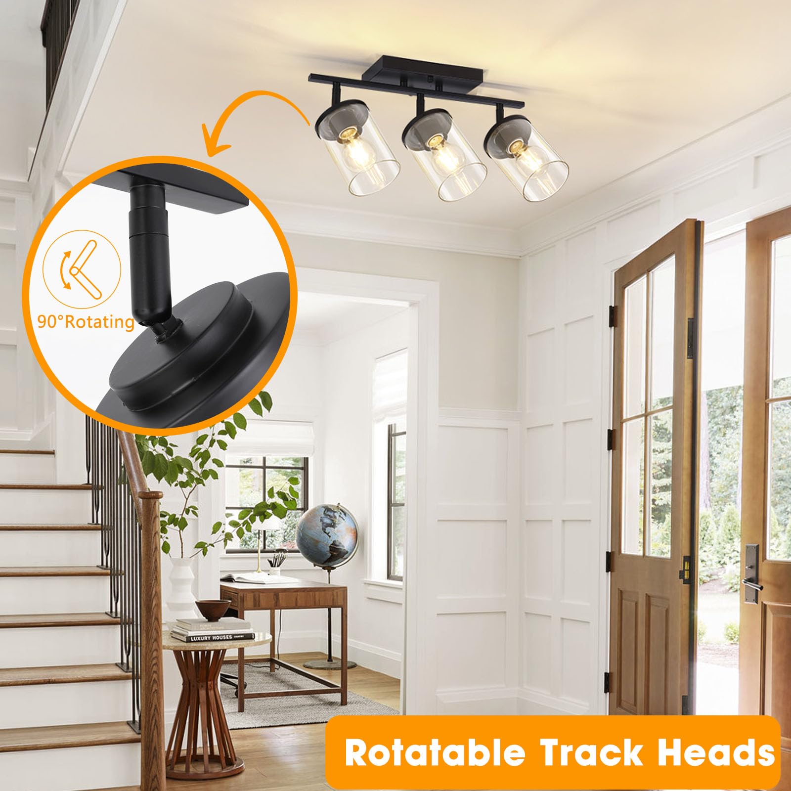Fadimikoo 3-Lights Semi Flush Mount Ceiling Light  Adjustable Kitchen Light Fixtures Ceiling Mount With Clear Glass Shades  Rotatable Black Track Lighting Fixtures For Hallway  Foyer  Bedroom