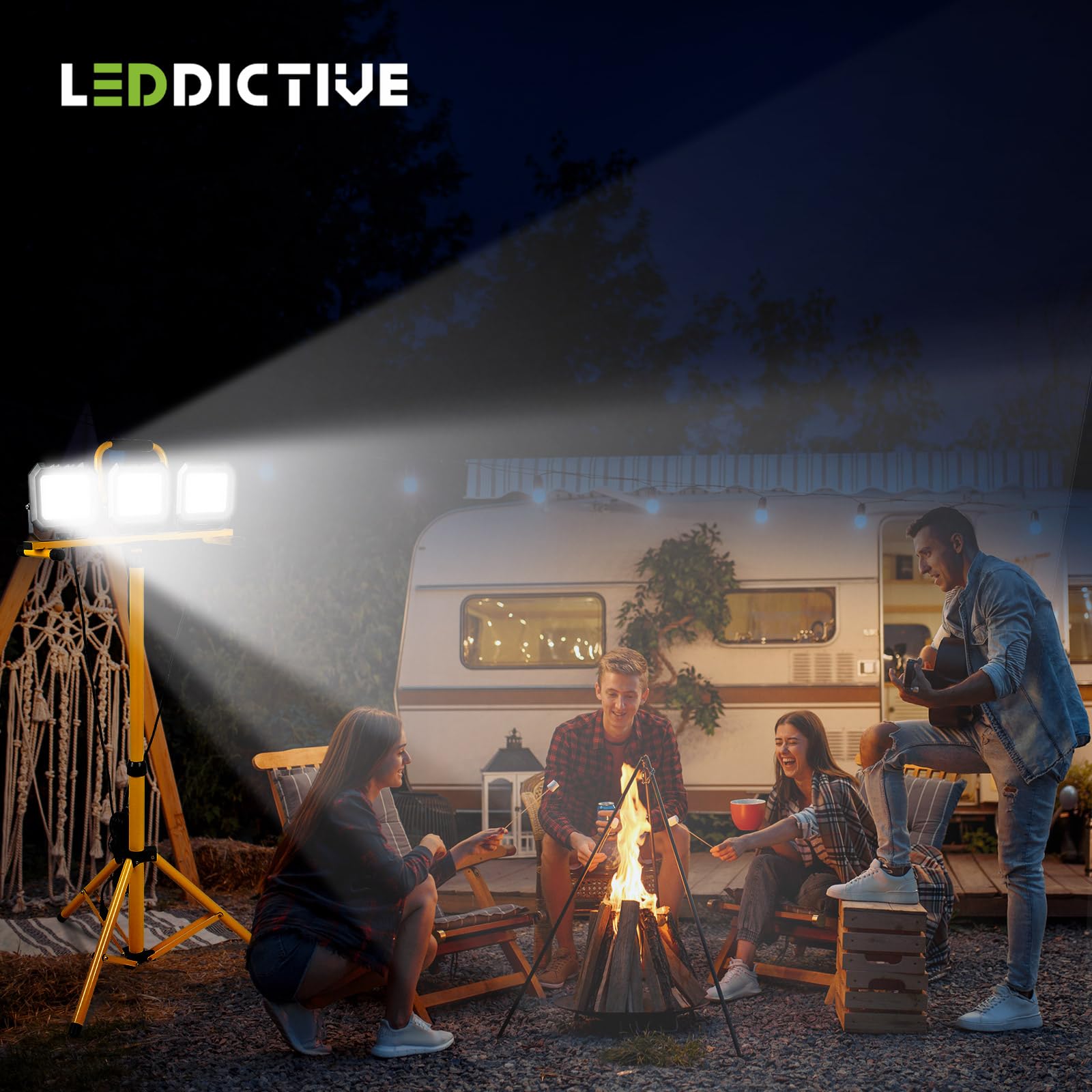 30000Lm Work Lights With Stand, Ip66 Waterproof 6000K Led Work Light With Foldable Tripod Stand, 3 Head Portable Work Light With