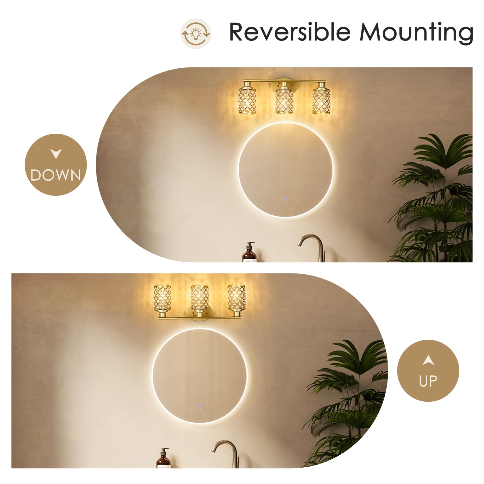 Niloah 3 Light Gold Vanity Light Fixtures, Modern Farmhouse Vanity Light, Bathroom Lights Over Mirror,Crystal Vanity Lighting Fixtures For Bathroom,Powder Room