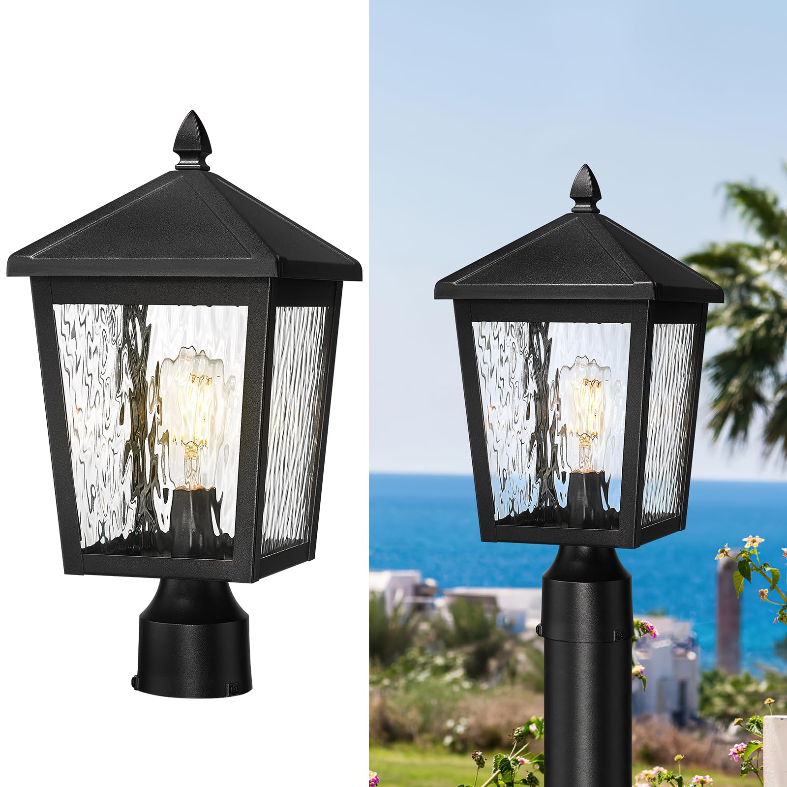 zeyu Large Lamp Post Light Fixture, 16.1 Inch Outdoor Post Lamps for House Garden, Die-Cast Aluminum with Water Ripple Glass, Bl