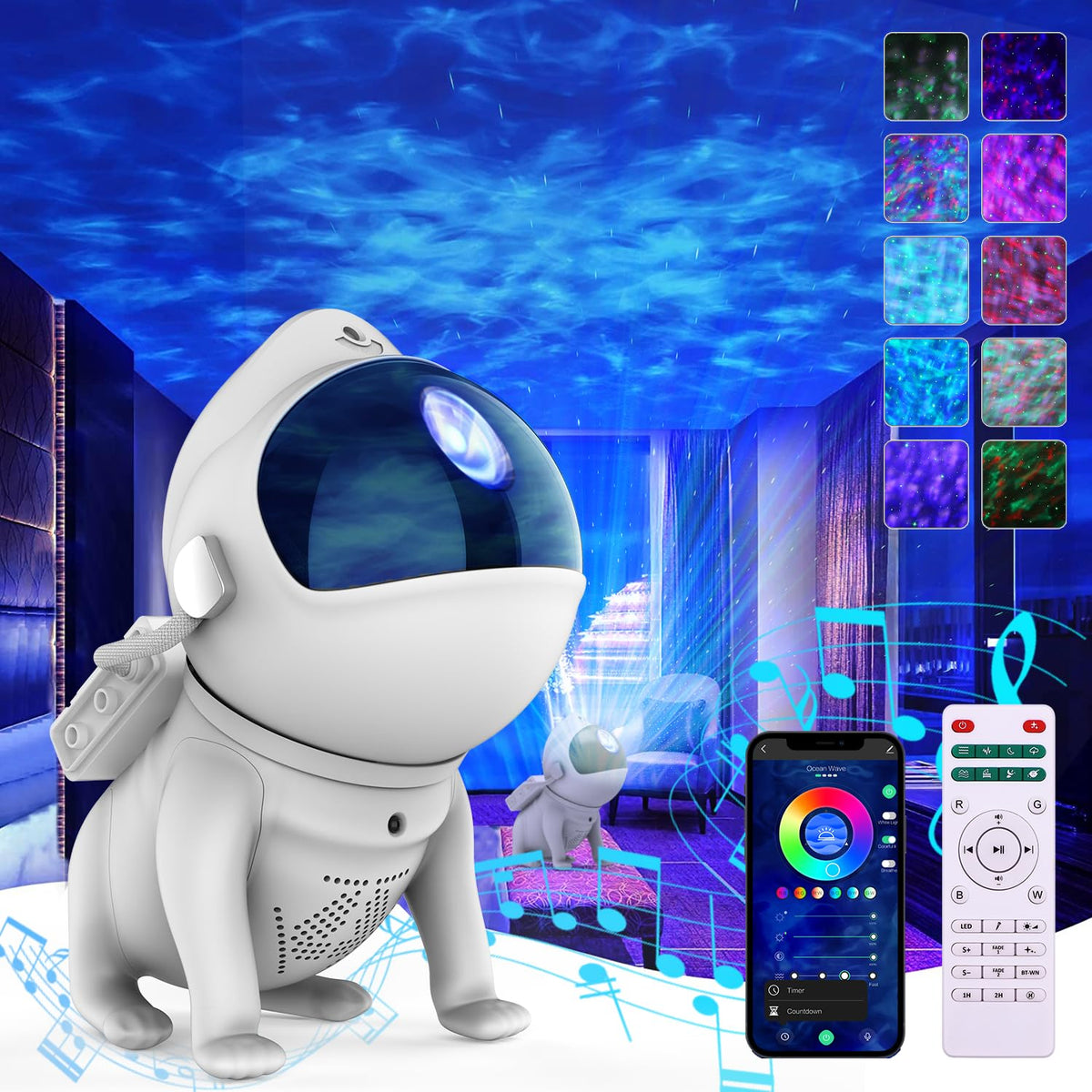 Somktn Space Dog Astronaut Star Projector - 21 Color Modes, Bluetooth Speaker, White Noise - Ocean Wave Night Light Projector Fo