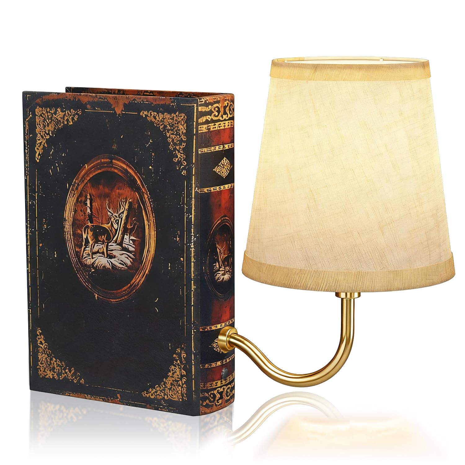 FUNTAPHANTA Gold Warm Light Vintage Bookshelf Lamp Rechargeable, Cordless Bookcase Lamp with Linen Shade, Dimmable Touch Control