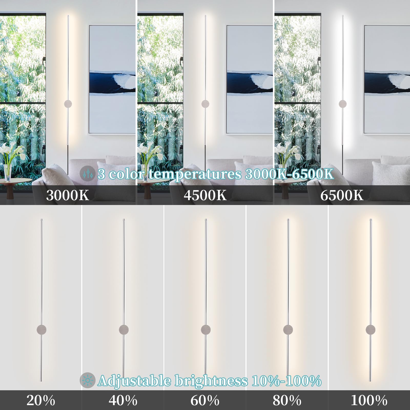 Keluoly Dimmable Plug In Wall Sconce Set Of 2, Chrome 39.37" Led Wall Light With Remote, Adjustable Color Temperature Brightness Wall Lamp With Timer For Living Room,Bedroom And Accent Lighting