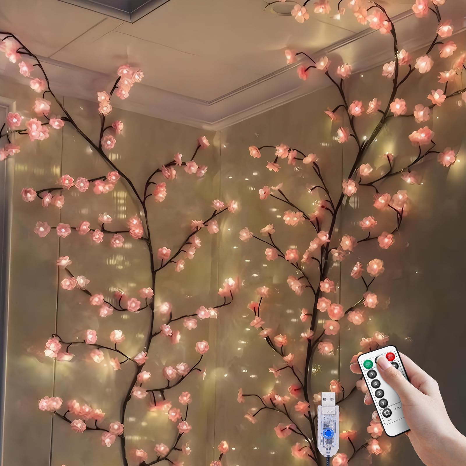 Cherry LED Tree Branch Lights for Wall, Cherry Blossom Willow Vine Twig Decor Garland with 72 LED Lights and Remote,8 Lighting M