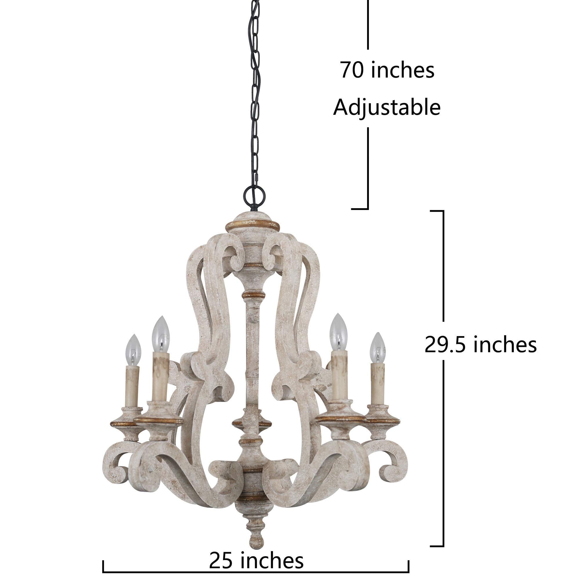 Chords Attic Farmhouse Distressed White Wooden Chandelier, 5 Candle Lights, Adjustable Chain, Model 4004