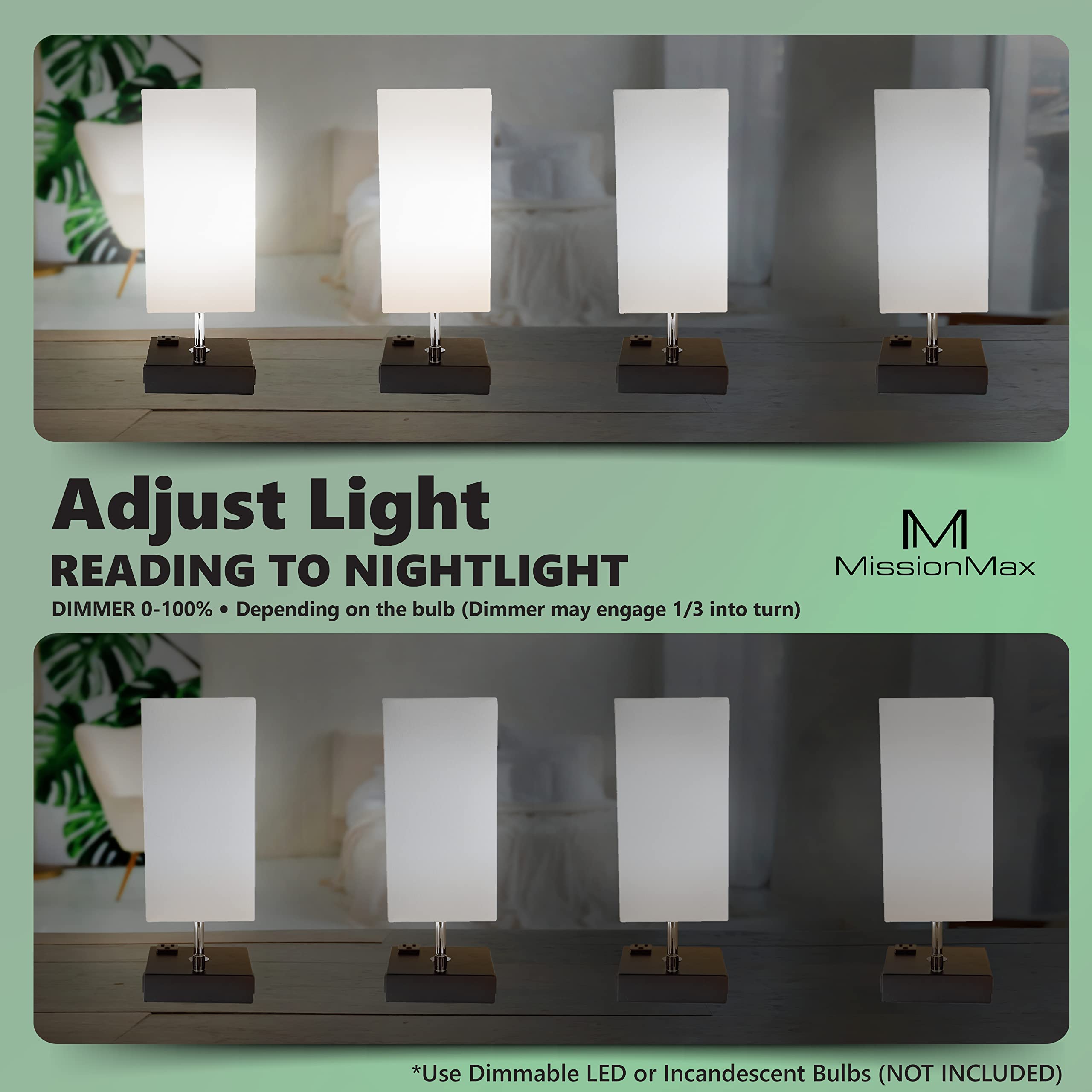 Missionmax Modern Table Lamp White Small 100% Dimmable With 2 Fast Charge Usb Ports & Grounded Outlet. Great Table Lamps For Bed