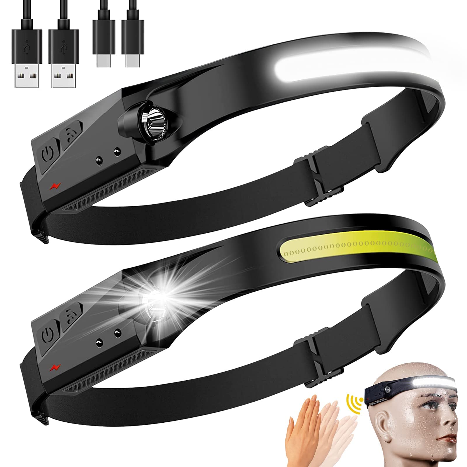 Rechargeable Led Headlamp 2 Packs,Cob230 Wide Beam Headlamps, 5 Modes Of Lightweight Headlamps With Motion Sensors, Type-C Usb C