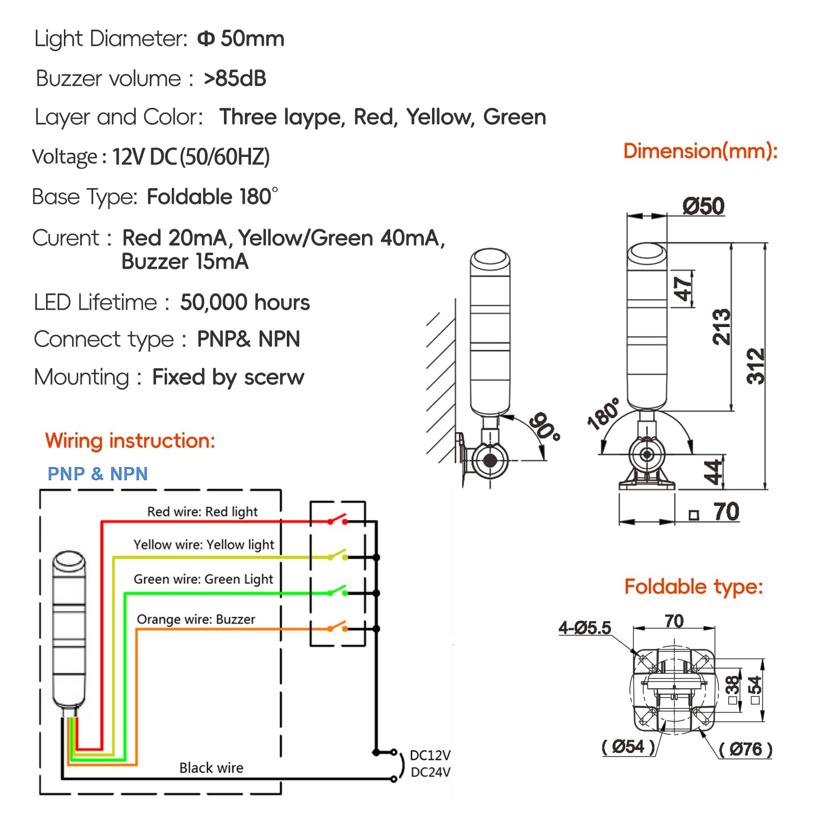 ZGSZJHF 12V Signal Tower Stack Lights 3-Layer Led Industrial Warning Lights, Column Tower Lamp with Rotatable Base Steady 12V DC