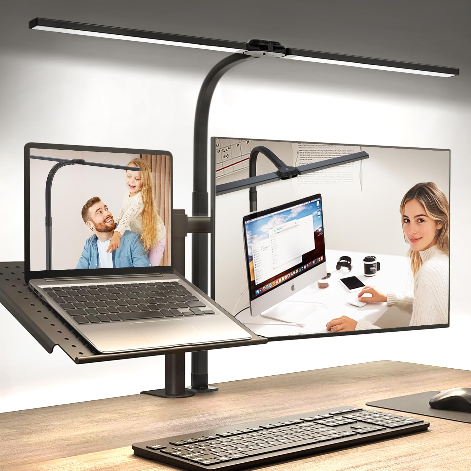 LED Desk Lamp for Home Office, Eye-Caring Desk Light with Clamp, Stepless Dimming 24W Double Head Architect Task Lamp with Remot