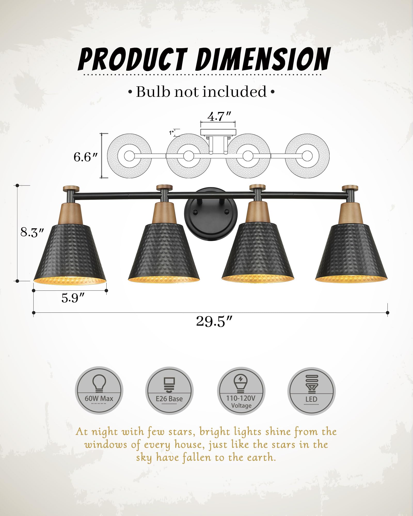 Femila 30'' Bathroom Light Fixtures, 4 Light Vanity Lighting Fixtures With Wood Grain Paint And Black Finish, Light Fixtures For