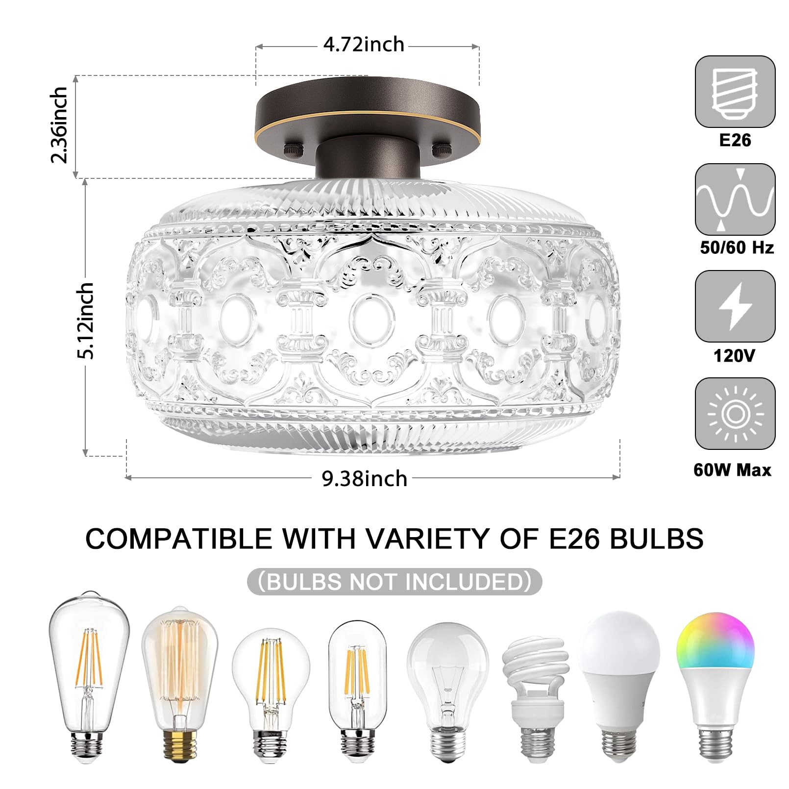 Oykyohei Semi Flush Mount Ceiling Light, Oil Rubbed Bronze With Gold Trim, Globe Glass Fixture