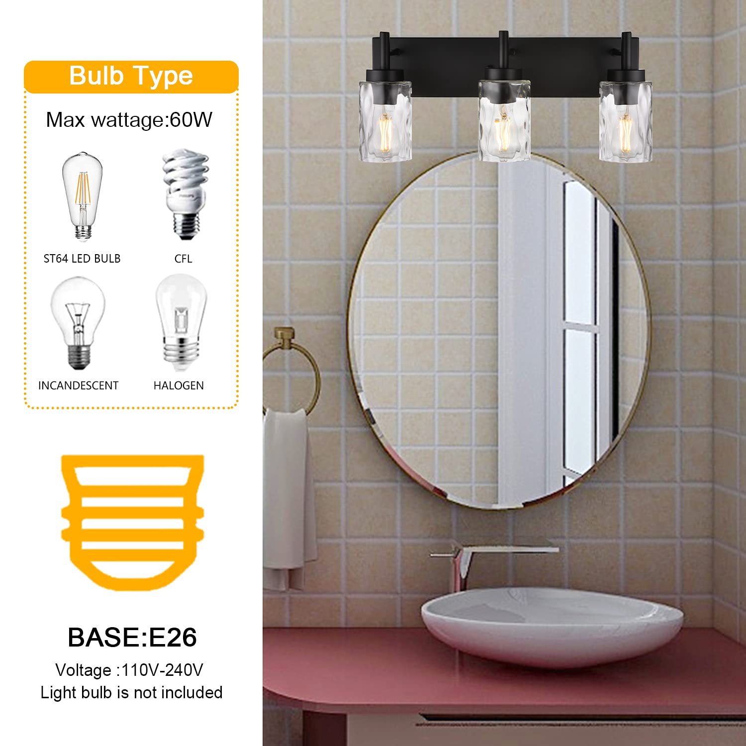 BONLICHT 3-Light Modern Vanity Light Fixture, Black Metal with Hammered Glass Shade, 23.6 inch Wall Sconce for Bathroom and Dressing Table