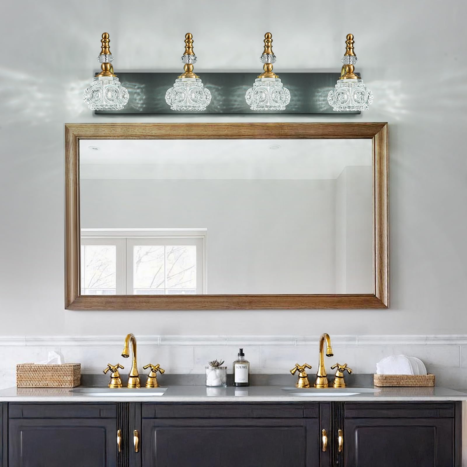 LBSQJ 4-Light Bathroom Vanity Light Fixture, Modern Glass Crystal, Black Gold, Model 493, Over Mirror Lighting