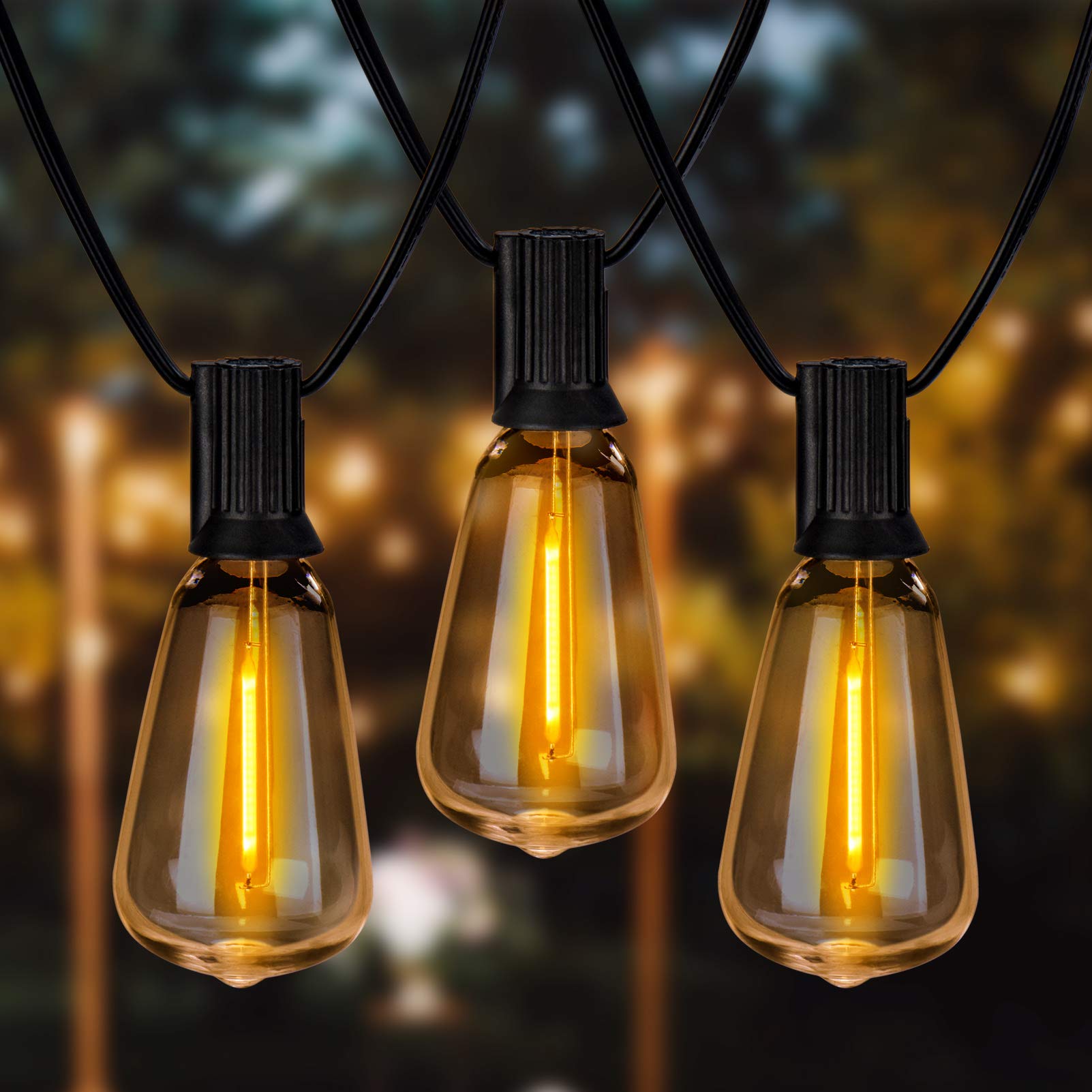Newpow 36Ft Outdoor String Lights, Led Filament Bulbs, Dimmable, Shatterproof, Waterproof, Gold
