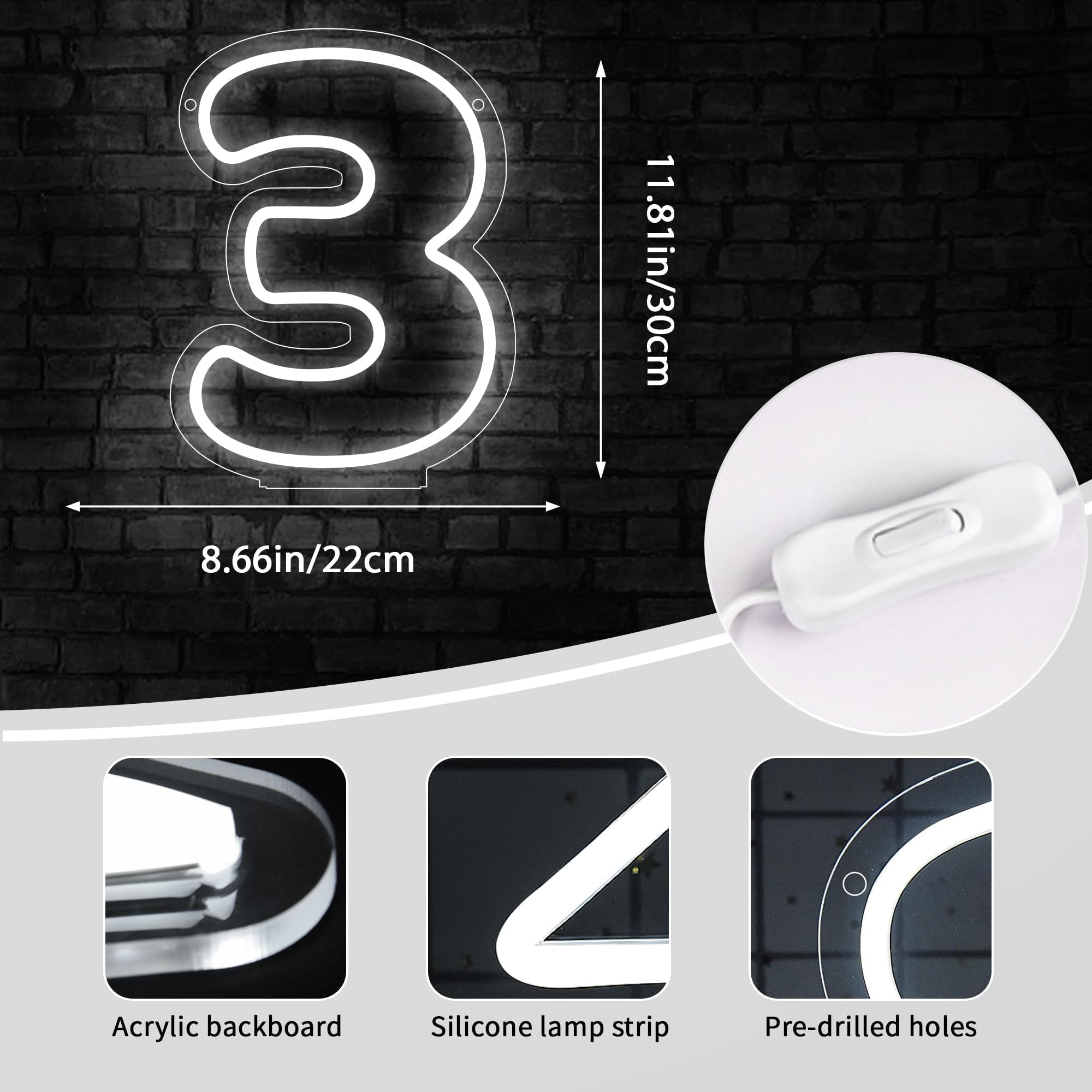 attneon Number 3 Neon Sign LED Light, Silicone Material, 11.8x8.7 inches, Ideal for Wedding, Birthday, Party Decor