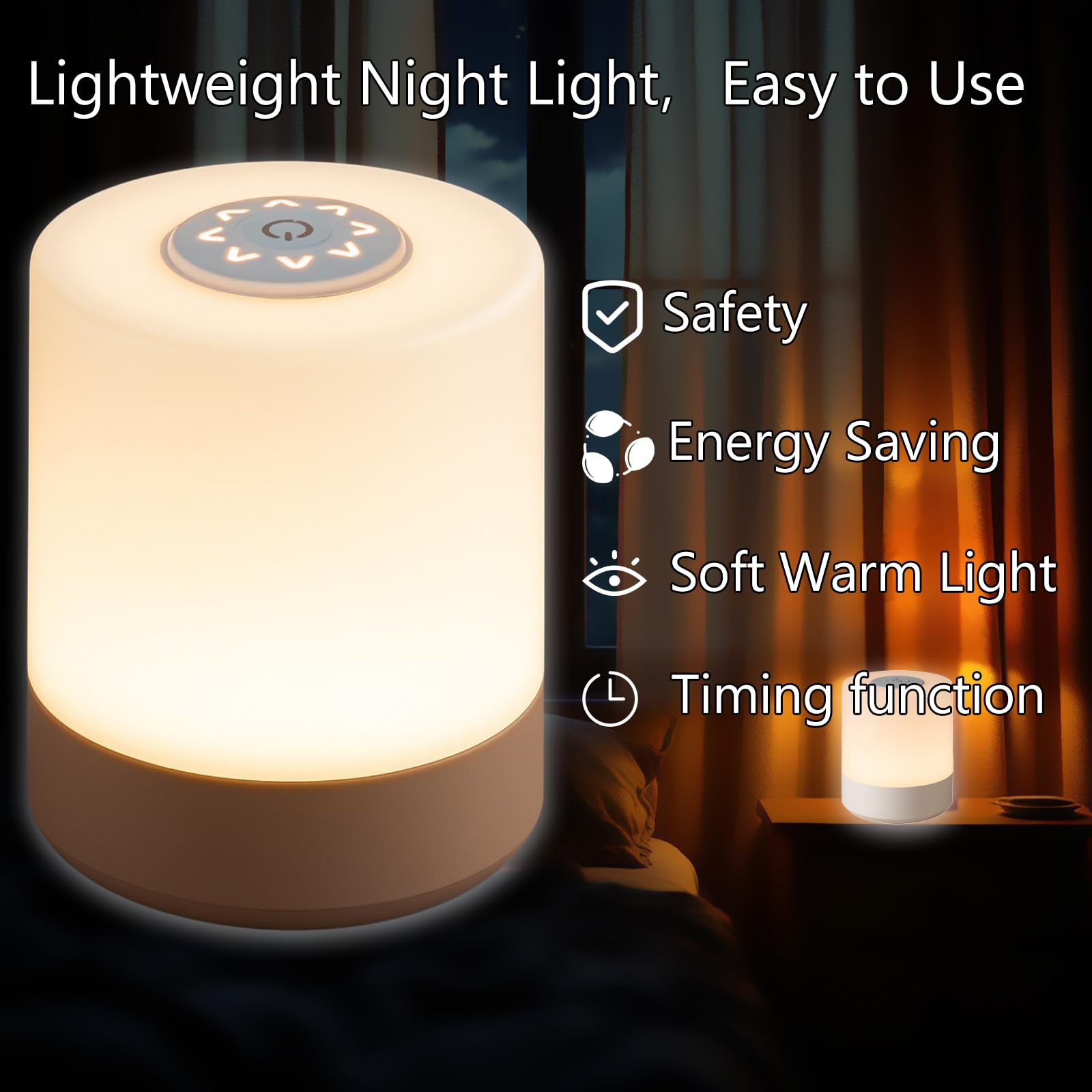 TUUWAI Portable Touch Night Light - 3 Color Dimmable LED, USB Rechargeable, Lightweight for Bedroom & Camping, Model TUU3118, Color A-Light-Touch&Remote