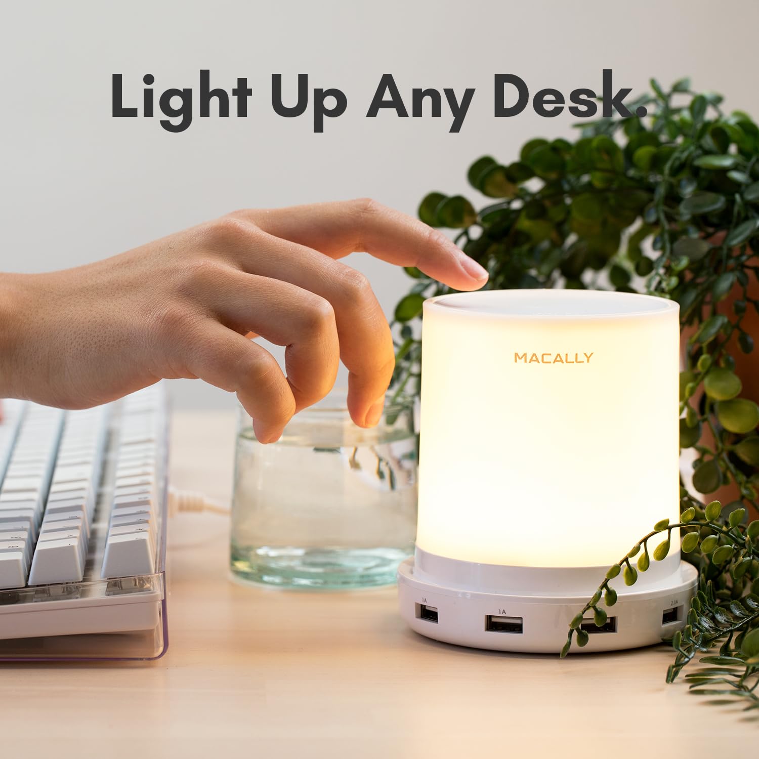 Macally Small Touch Lamp - 3 Way Dimmable Bedside Table Lamp with USB Port - White - Model LAMPCHARGE - Perfect for Small Spaces