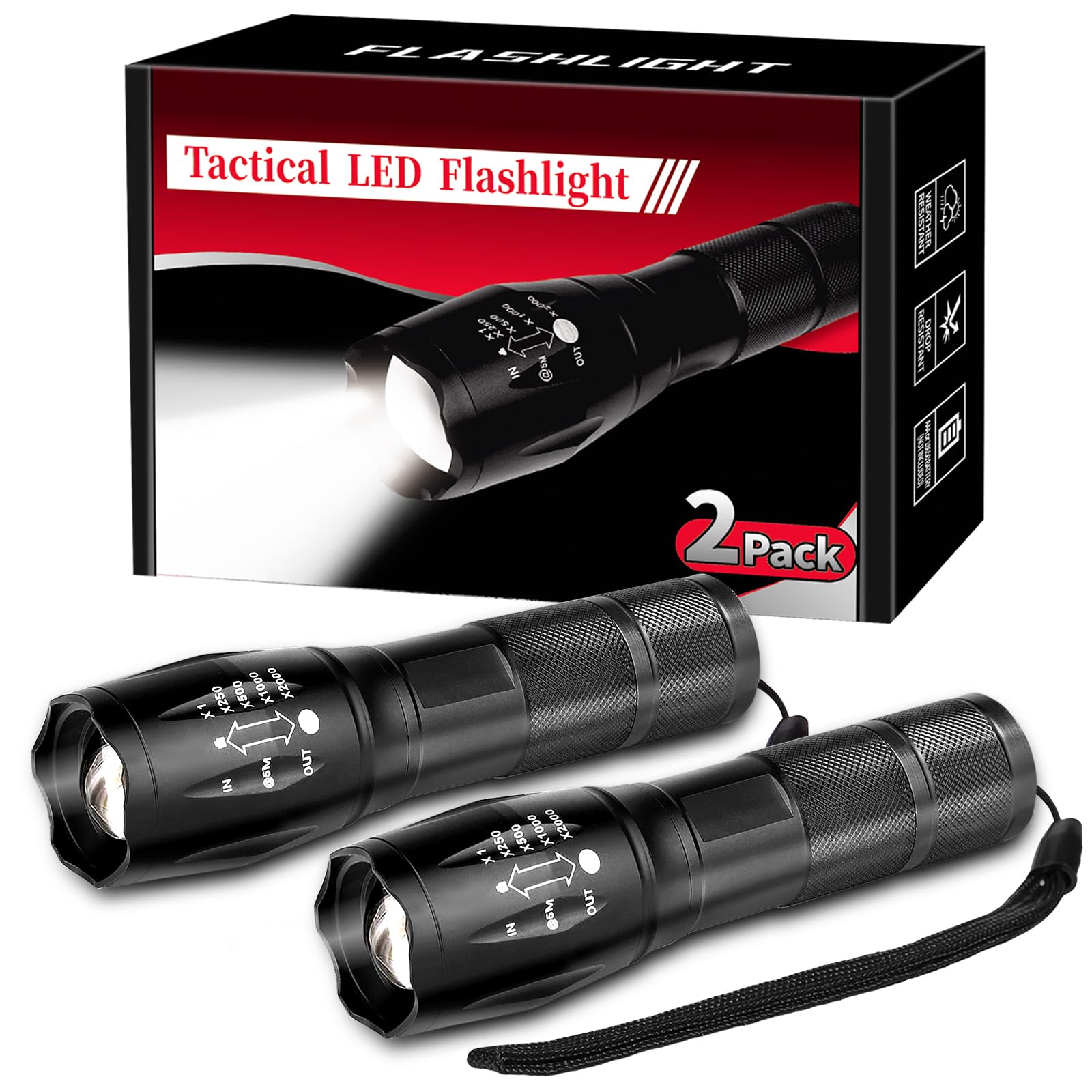 BESTSUN LED Flashlight 2 Pack, Small High Lumens, Waterproof, Zoomable, Pocket Size, Aluminum, Black