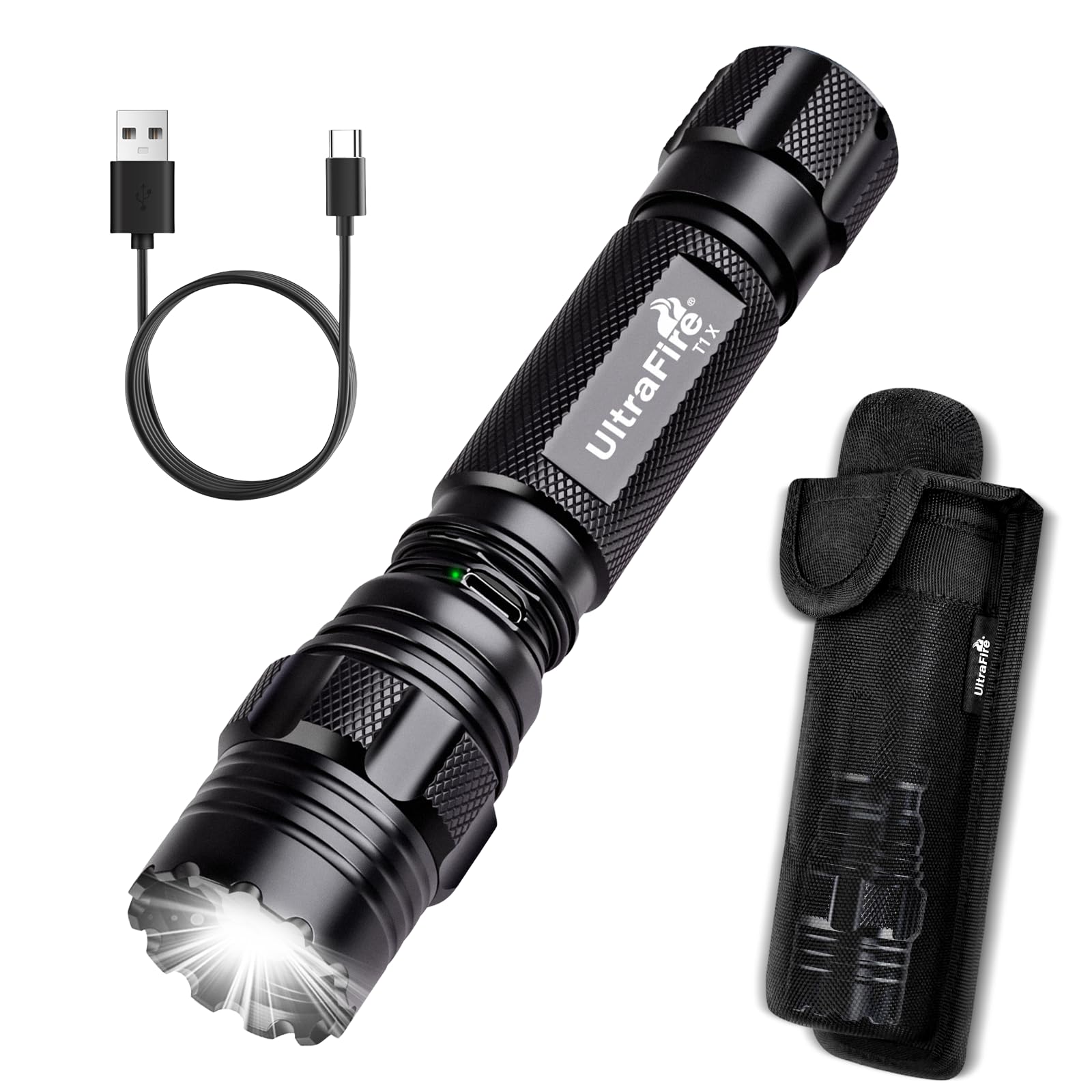 ULTRAFIRE Rechargeable Tactical Flashlight with Holster, Hidden C Port and 3 Modes, 1200 Lumens LED Police Flashlight for Emerge