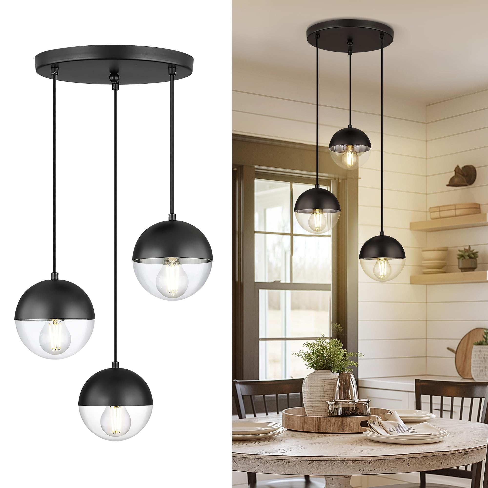 LMS Modern 3-Light Cluster Pendant Lights, Matte Black Kitchen Island Light Fixtures with Clear Globe Glass Shade, Adjustable Ha