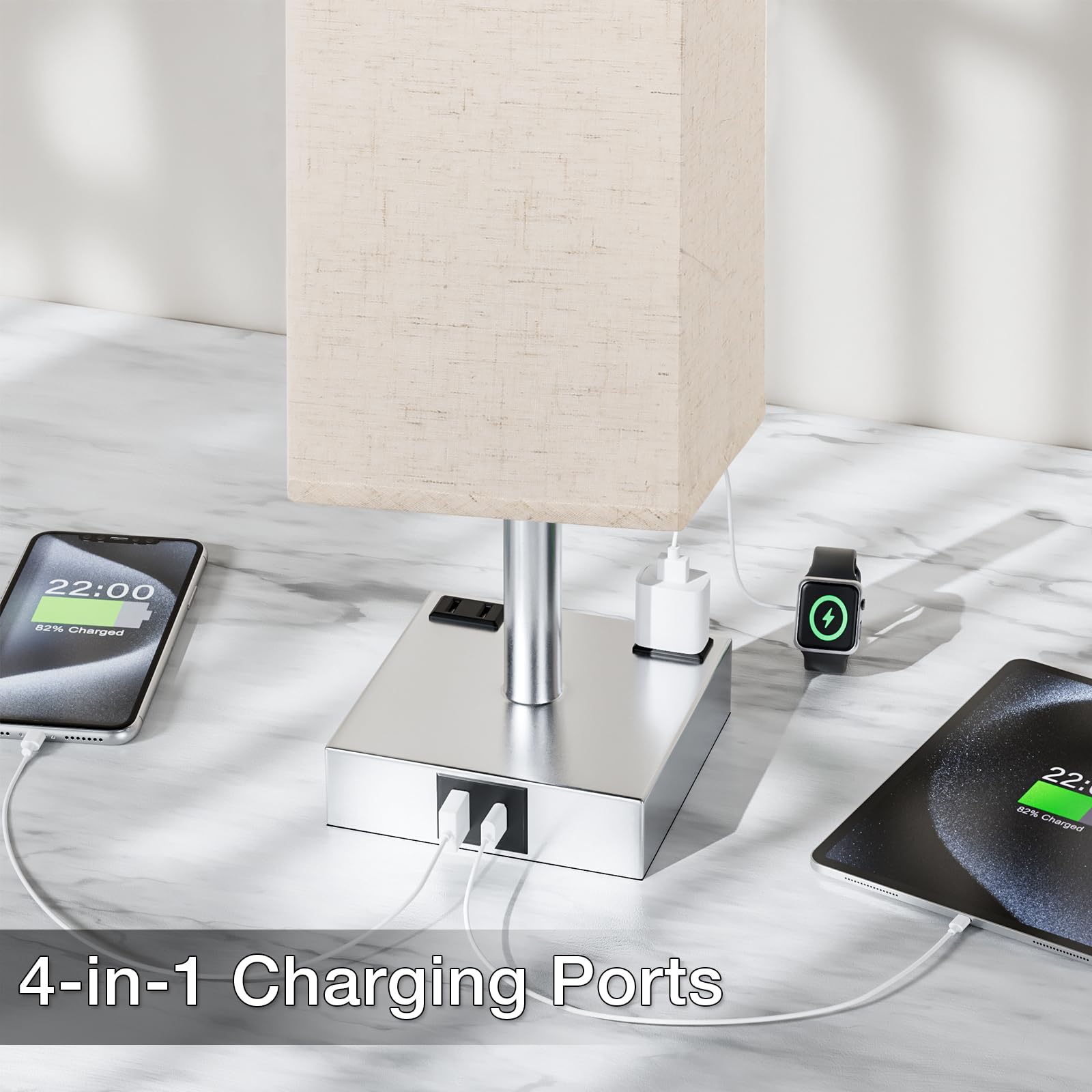 aooshine Touch Bedside Table Lamp - 3-Way Dimmable, USB A & Type C Ports, 14in Beige, Metal, Model 3-11
