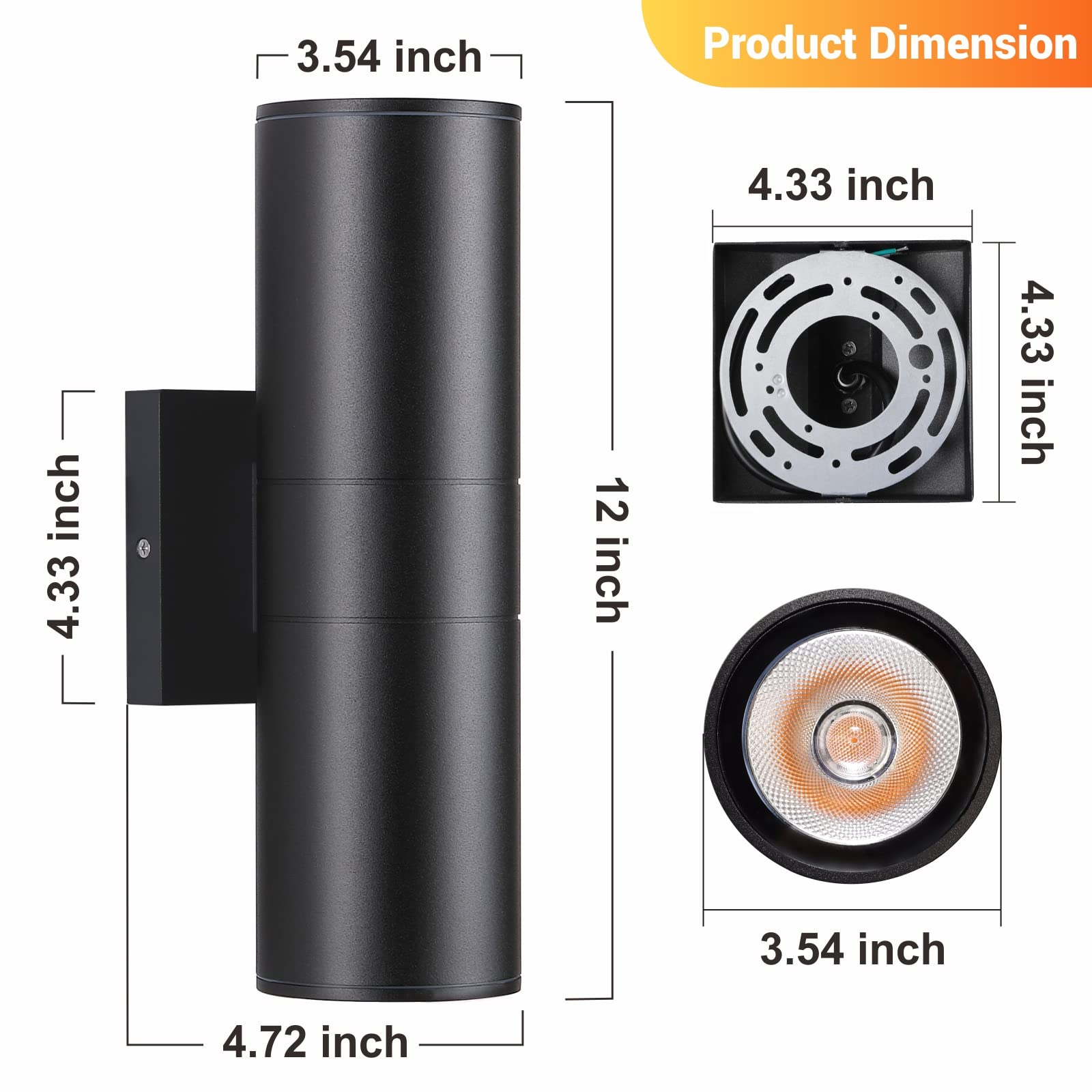 DAKAFUL Outdoor Wall Lights, 12W LED Cylinder Up Down Light, 4 Packs, Black, Aluminum, Tempered Glass for Porch Patio Door